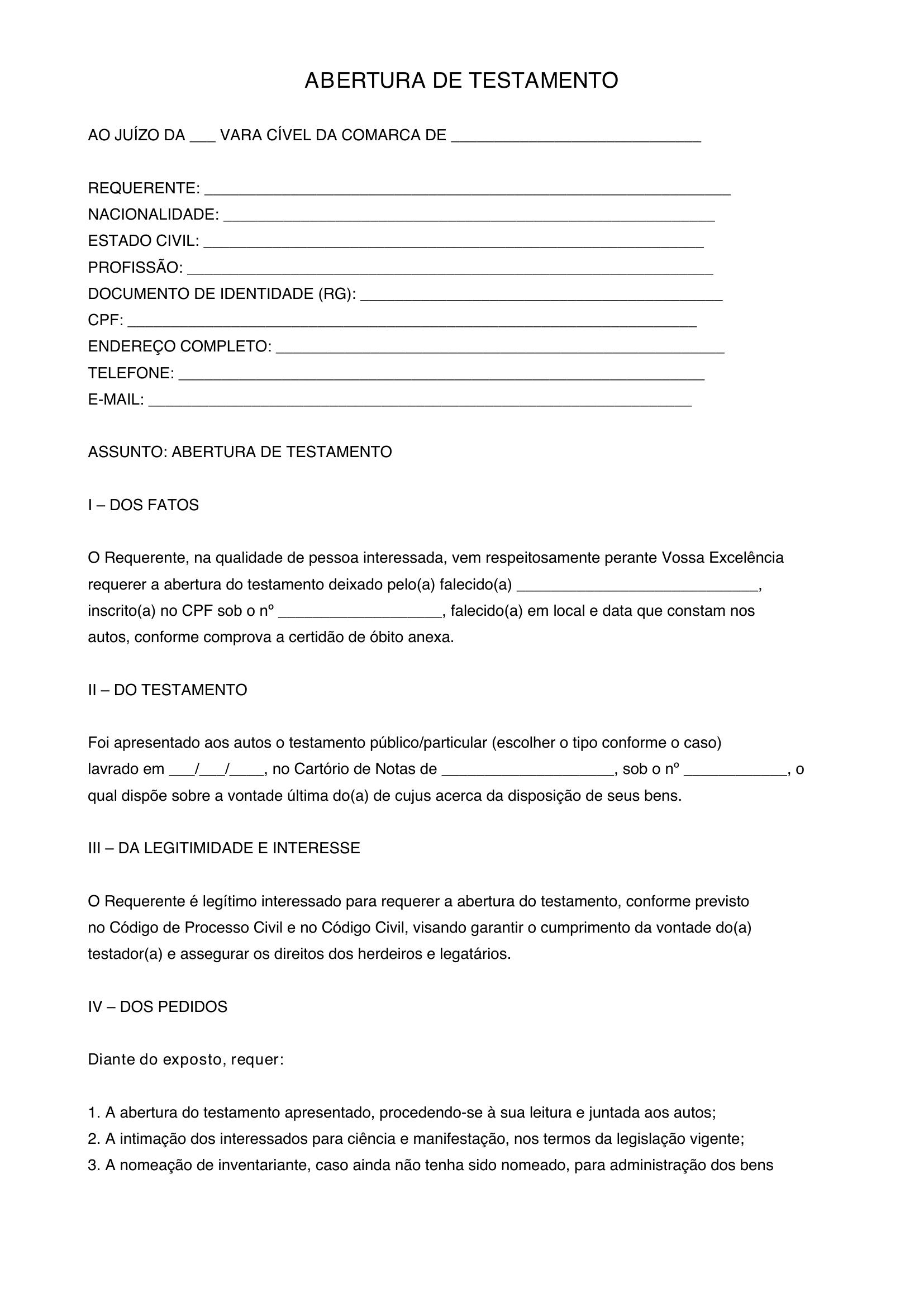 Modelo De Abertura De Testamento