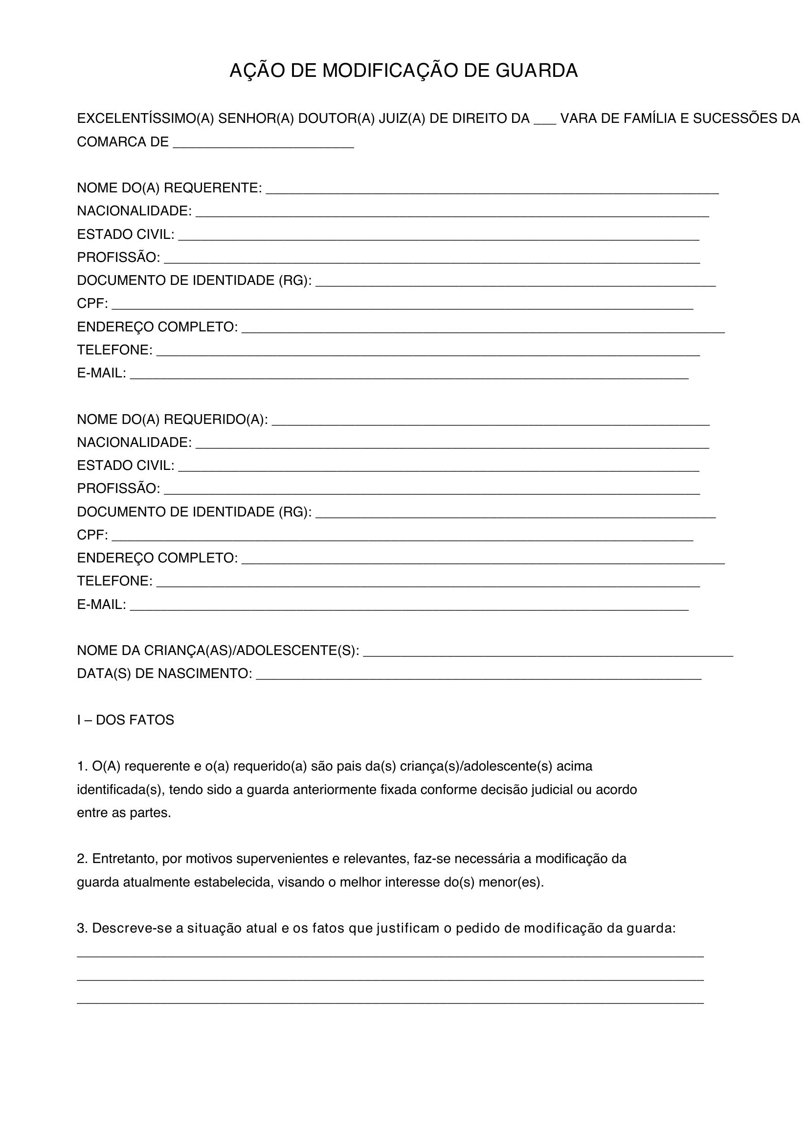 Modelo De Ação De Modificação De Guarda