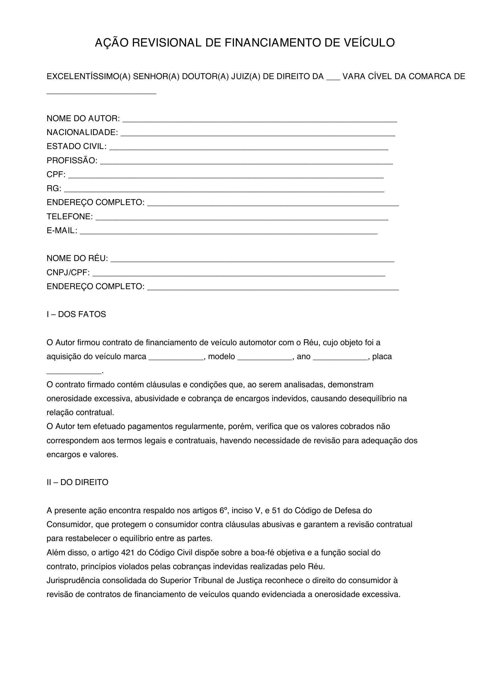 Modelo De Ação Revisional De Financiamento De Veículo