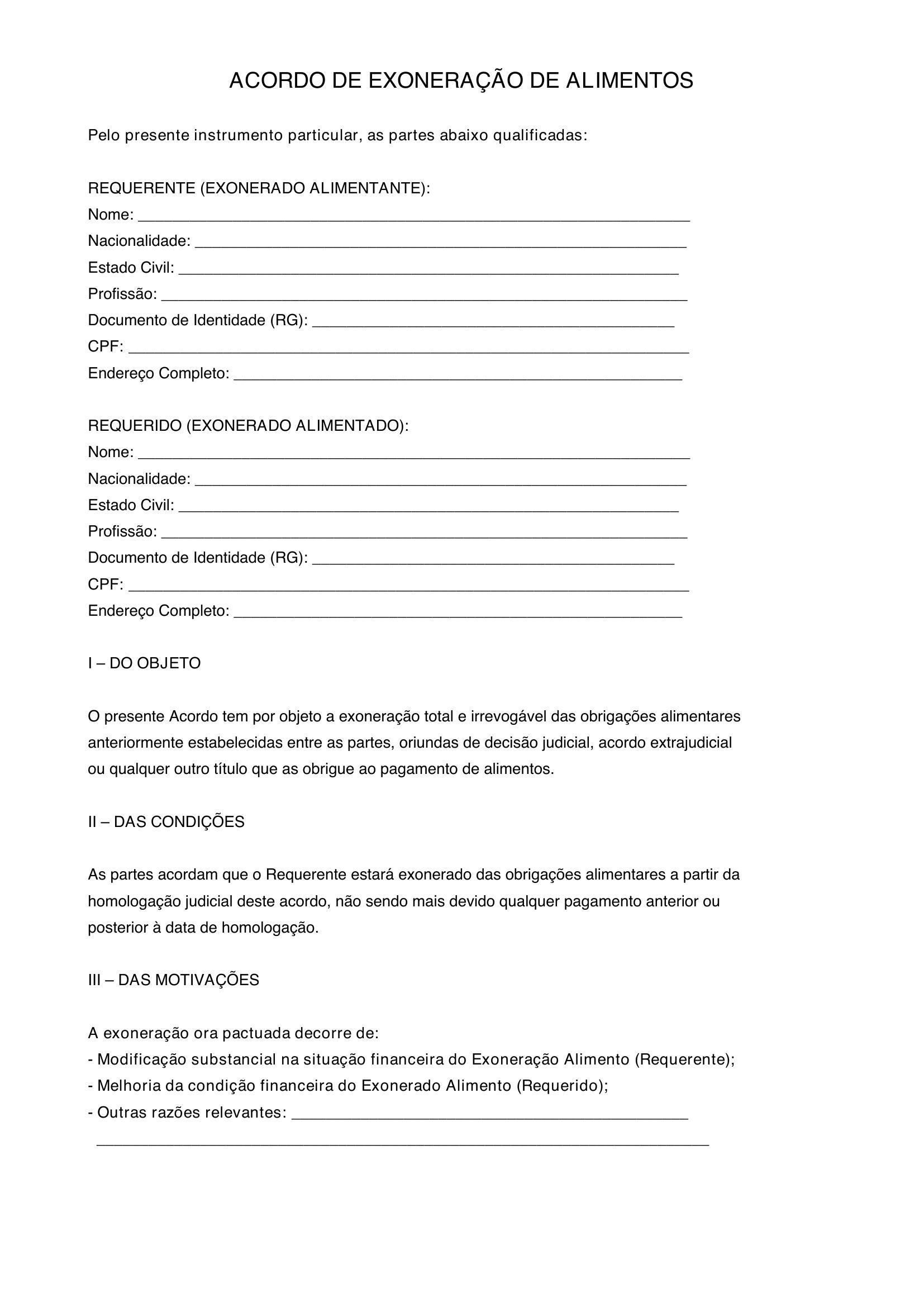 Modelo De Acordo De Exoneração De Alimentos