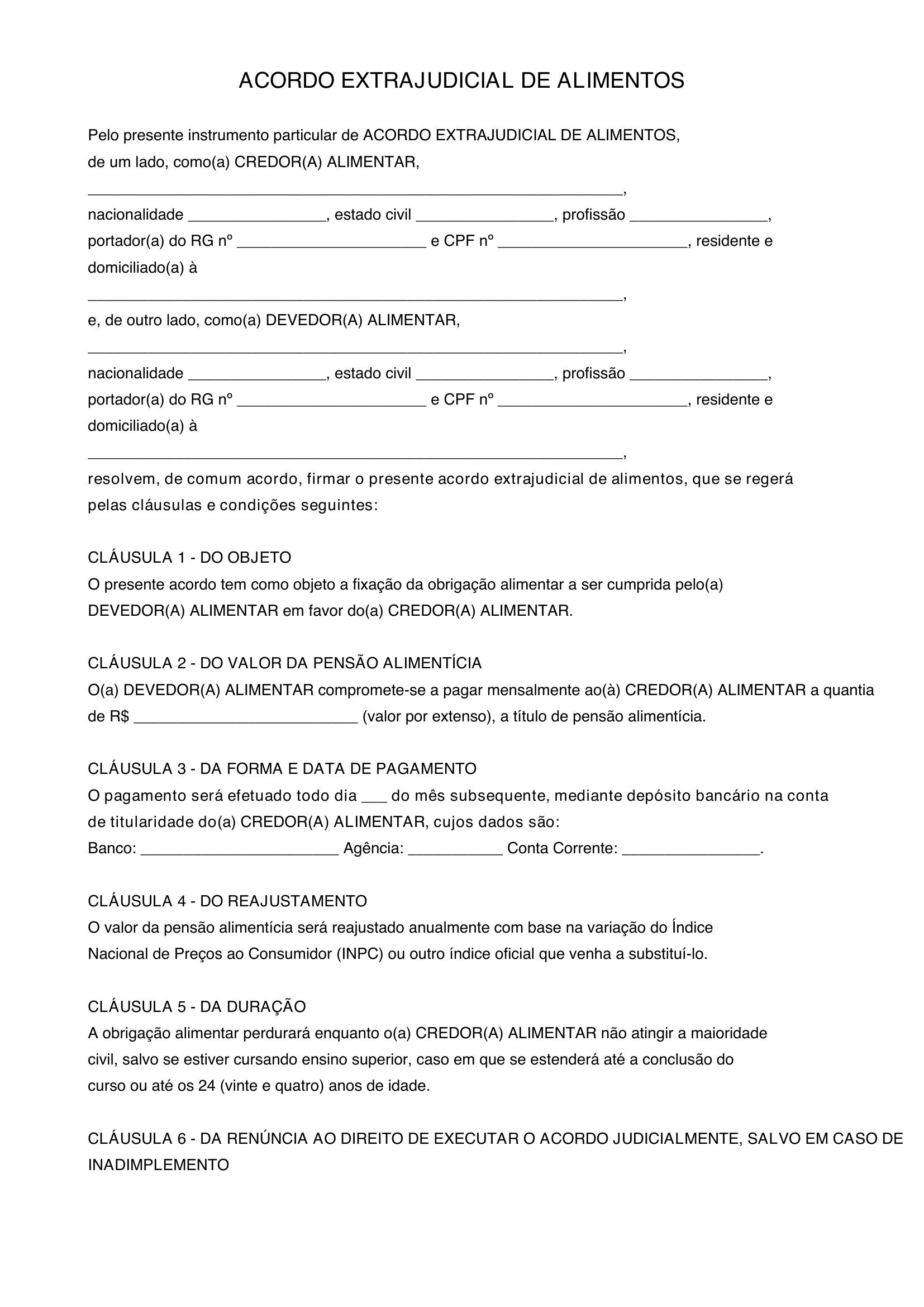 Modelo De Acordo Extrajudicial De Alimentos