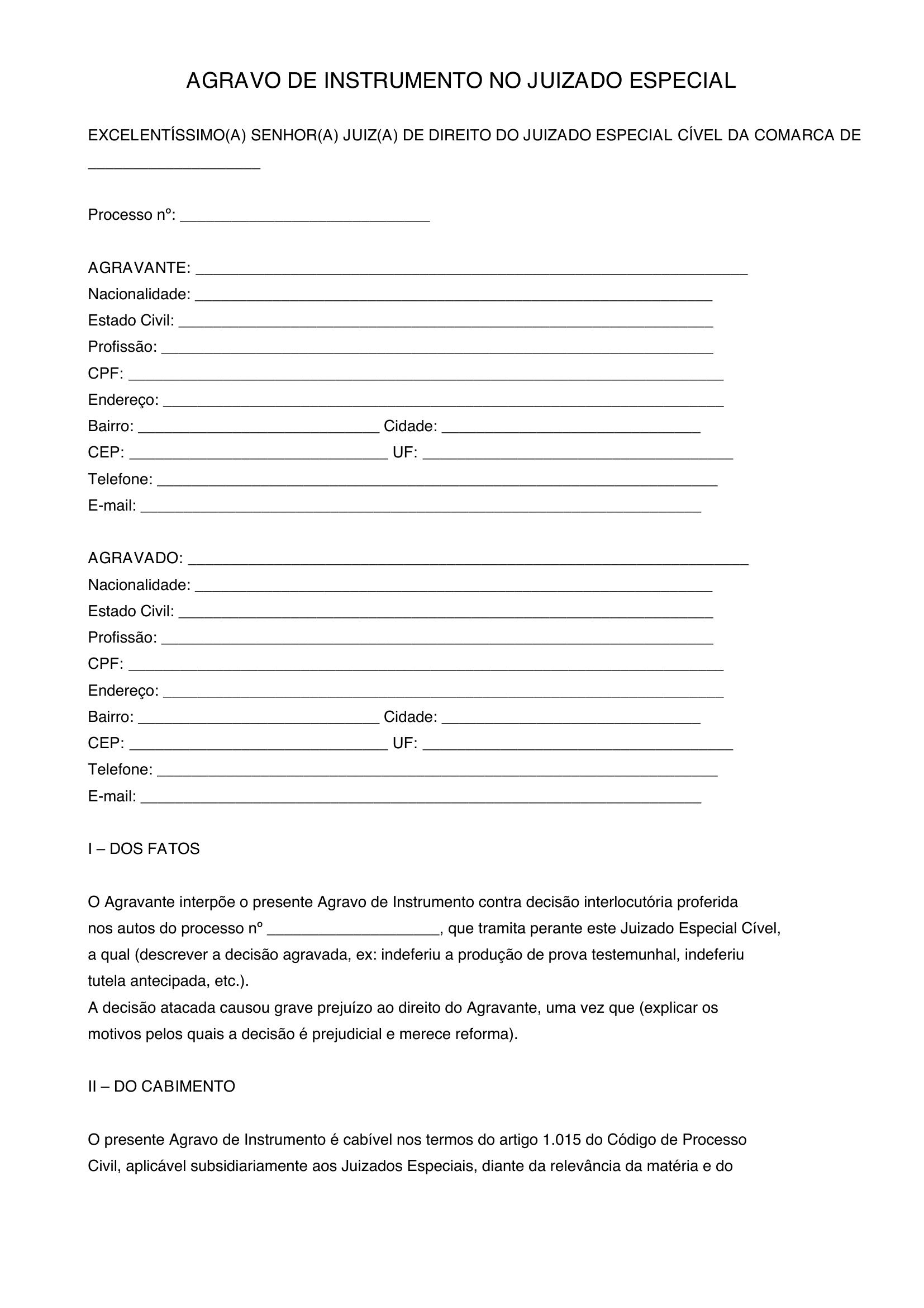 Modelo Agravo De Instrumento Juizado Especial