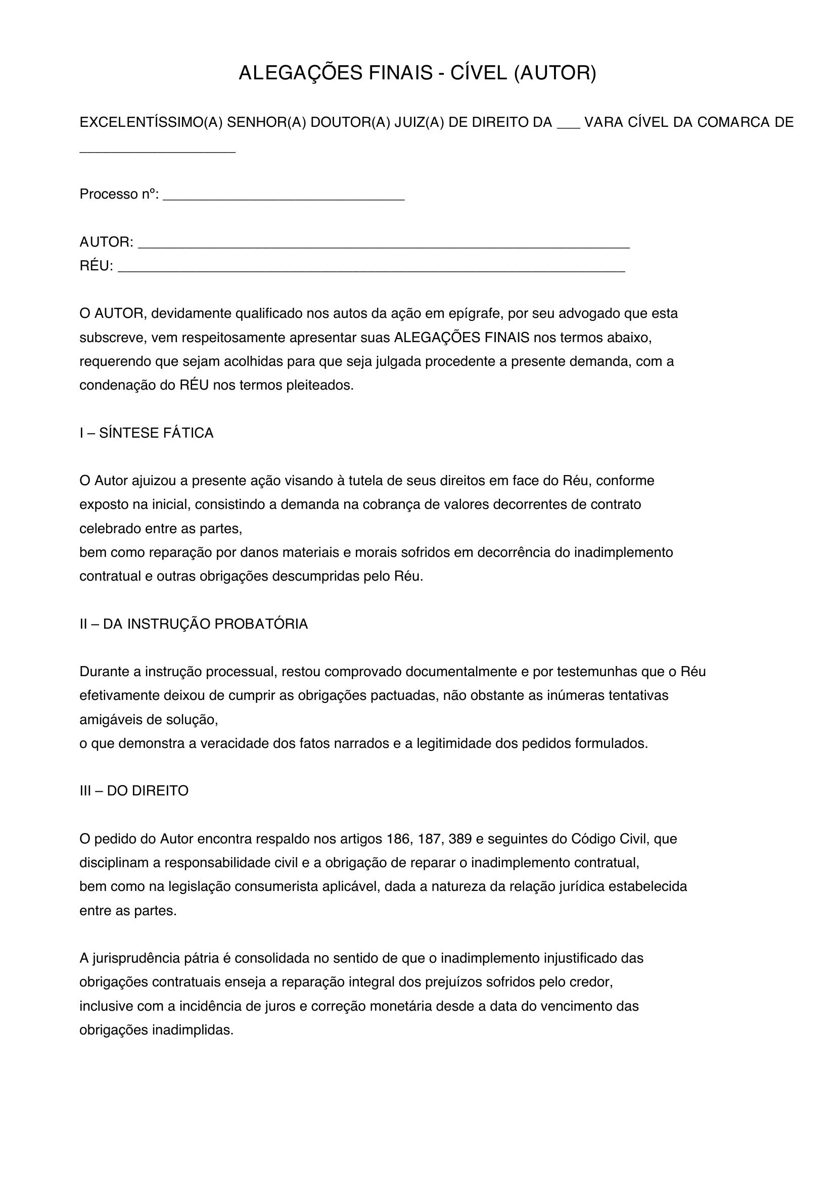 Modelo De Alegações Finais Cível Autor