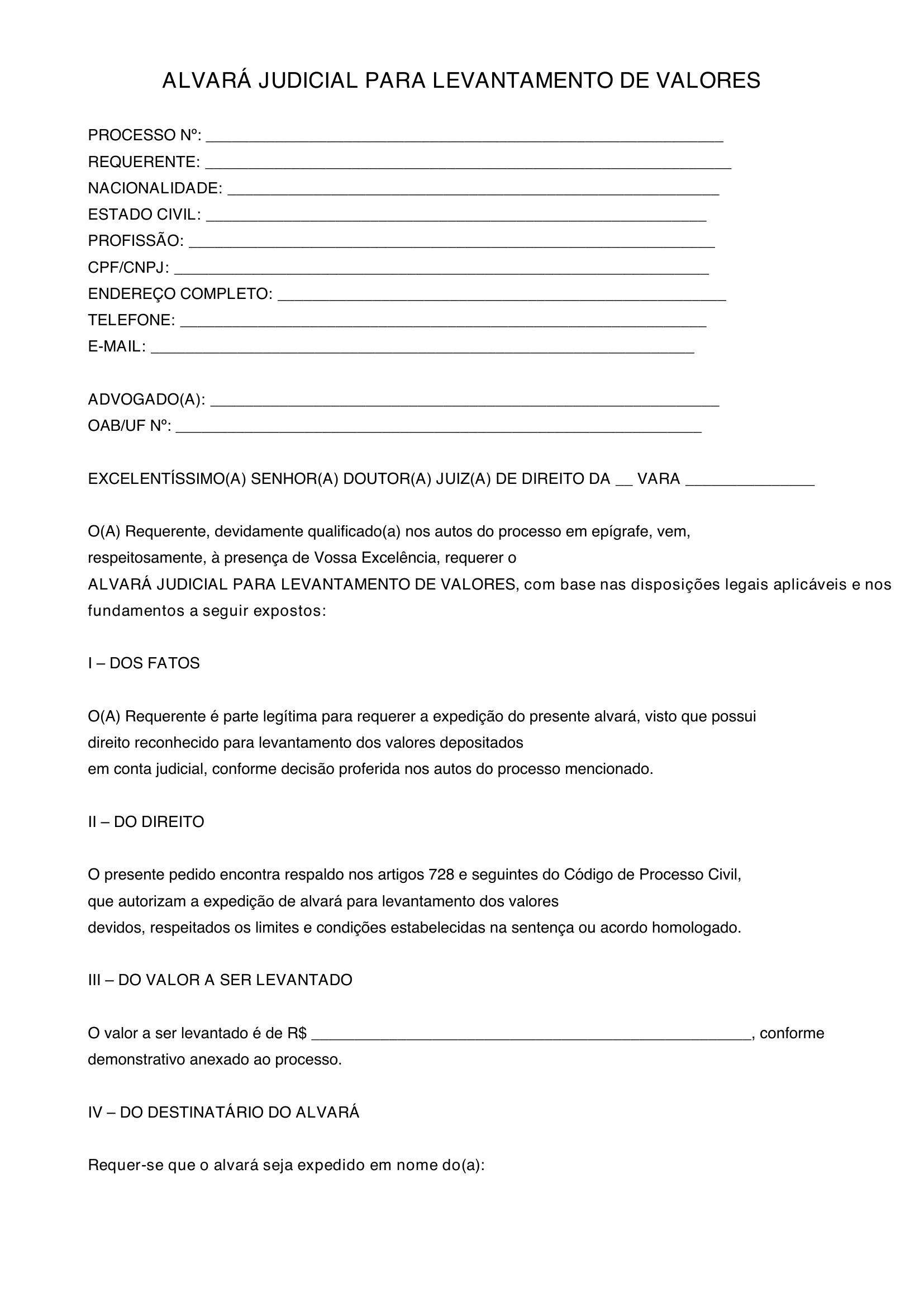 Modelo De Alvará Judicial Para Levantamento De Valores