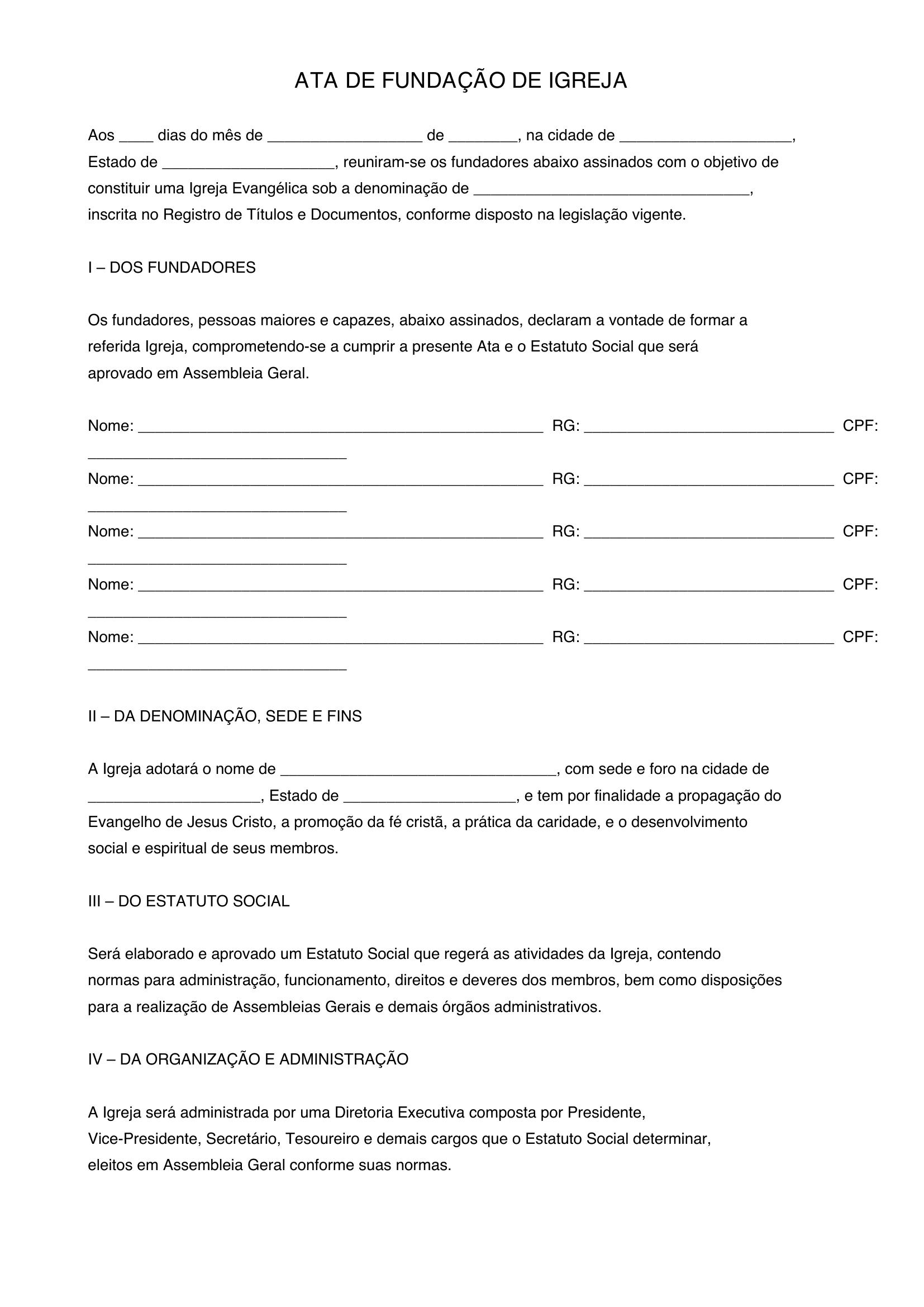 Modelo De Ata De Fundação De Igreja