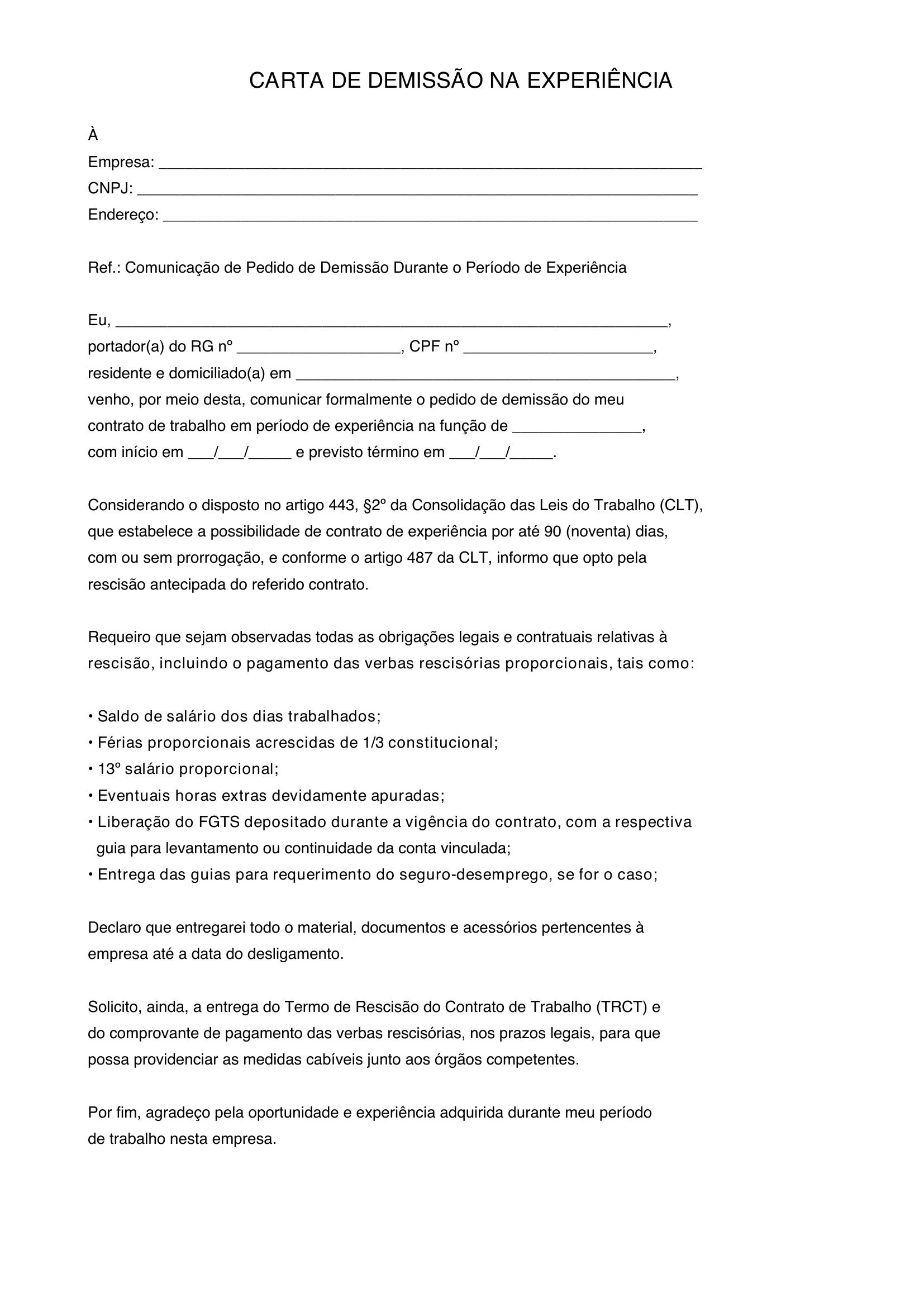 Modelo De Carta De Demissão Na Experiência