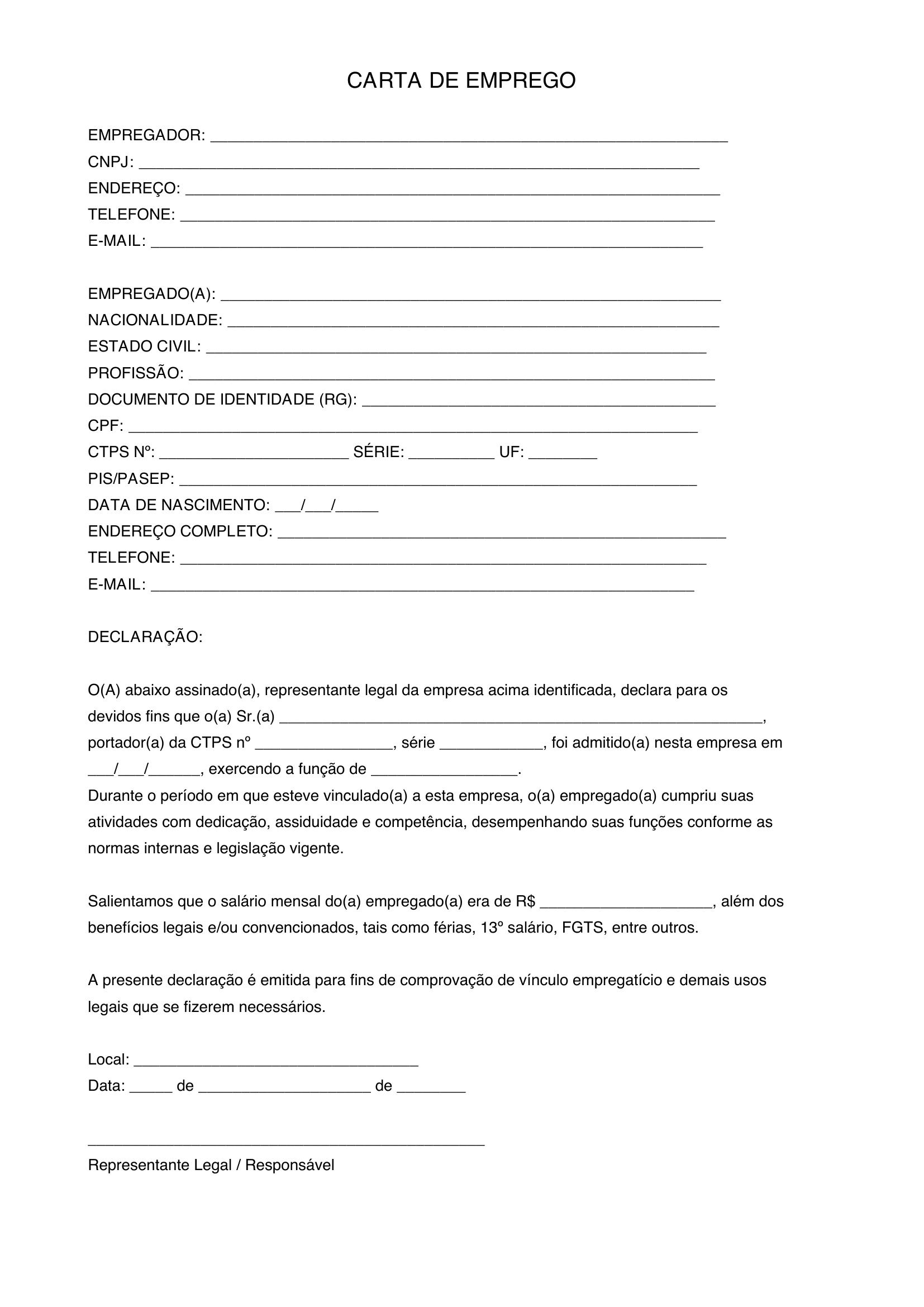 Modelo De Carta De Emprego