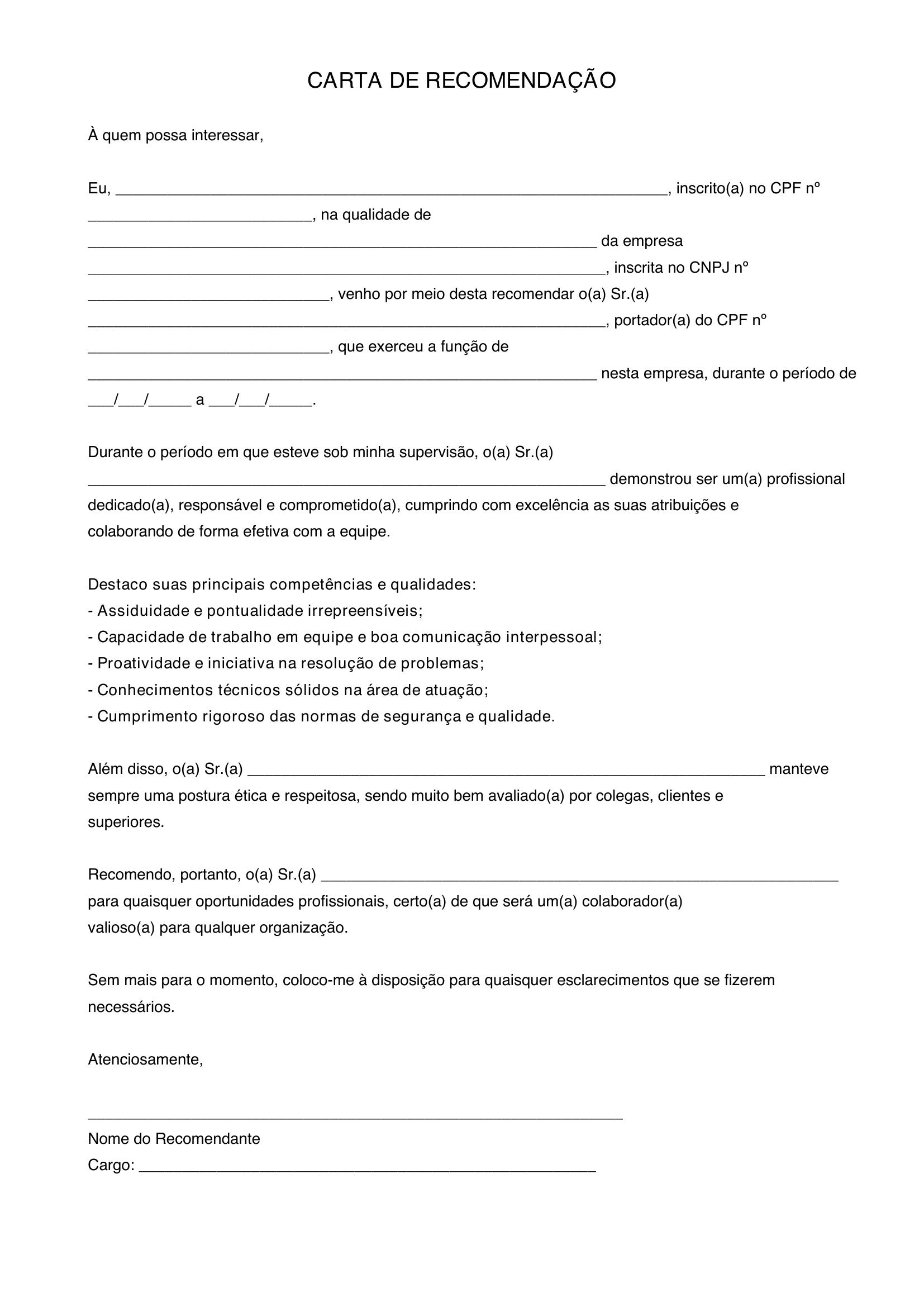 Modelo De Carta De Recomendação
