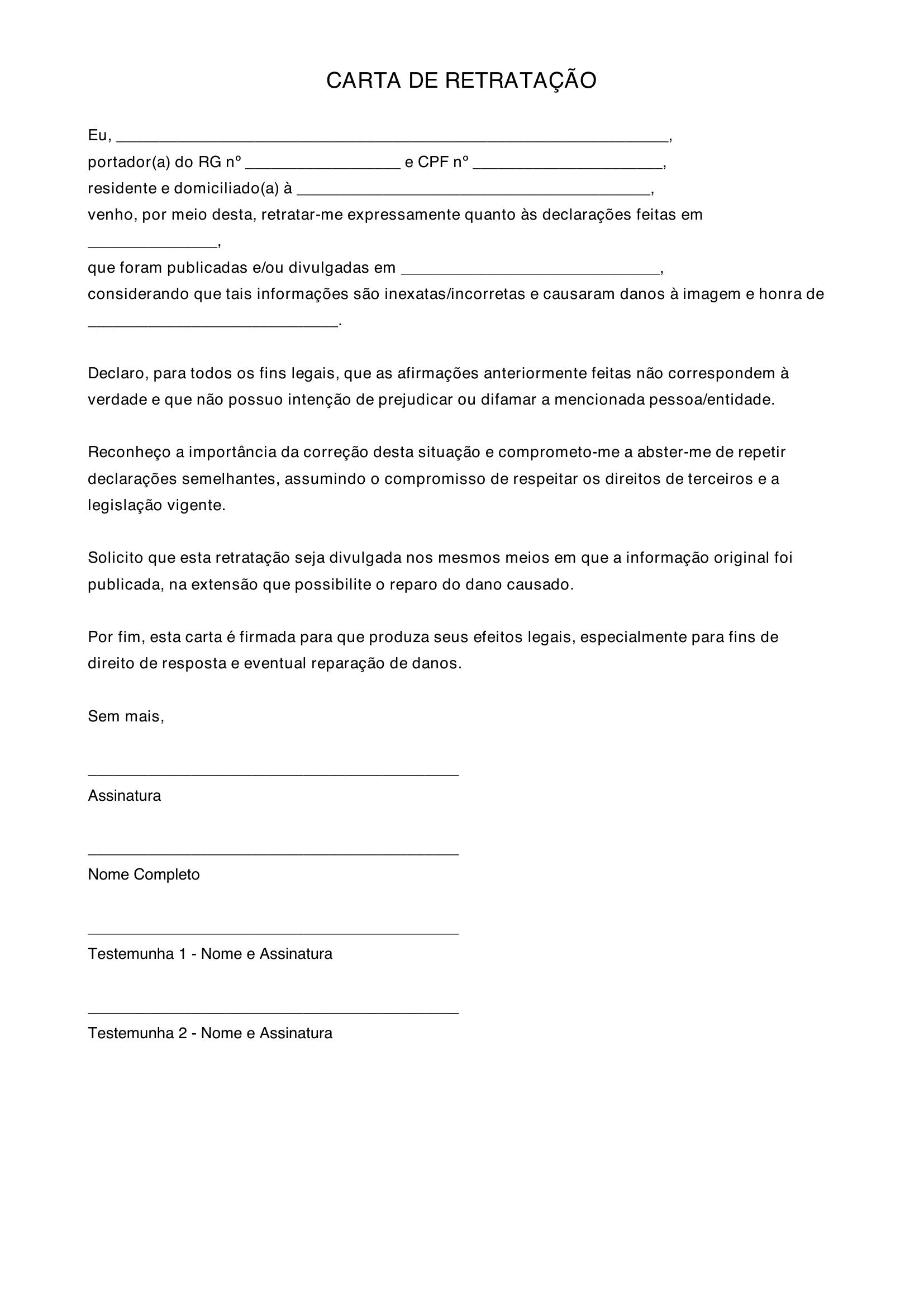 Modelo De Carta De Retratação