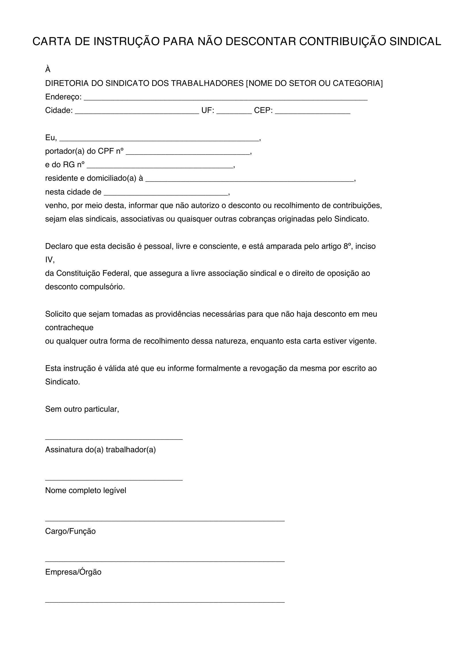 Modelo De Carta Para Sindicato Nao Descontar