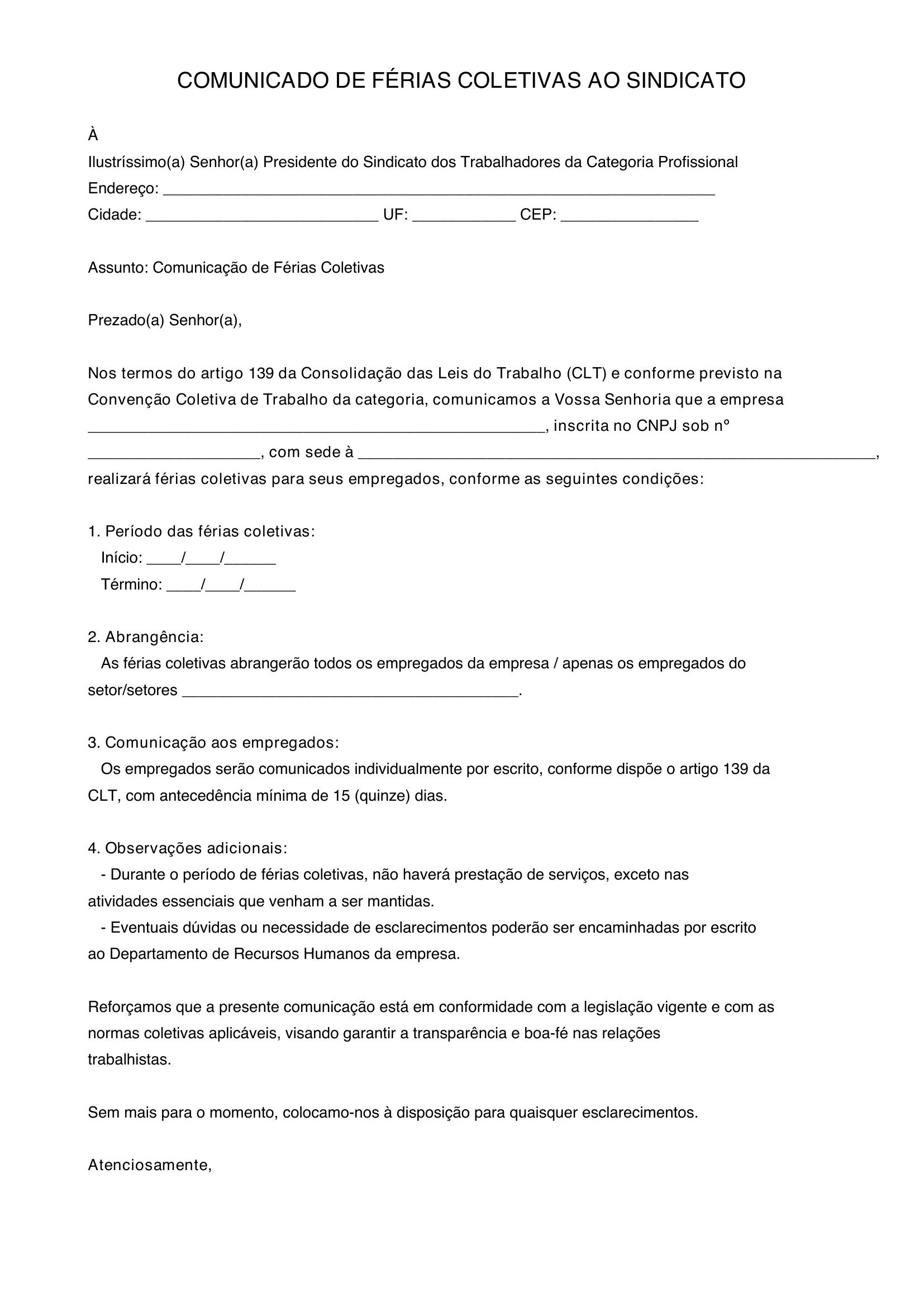 Modelo De Comunicado De Férias Coletivas Ao Sindicato