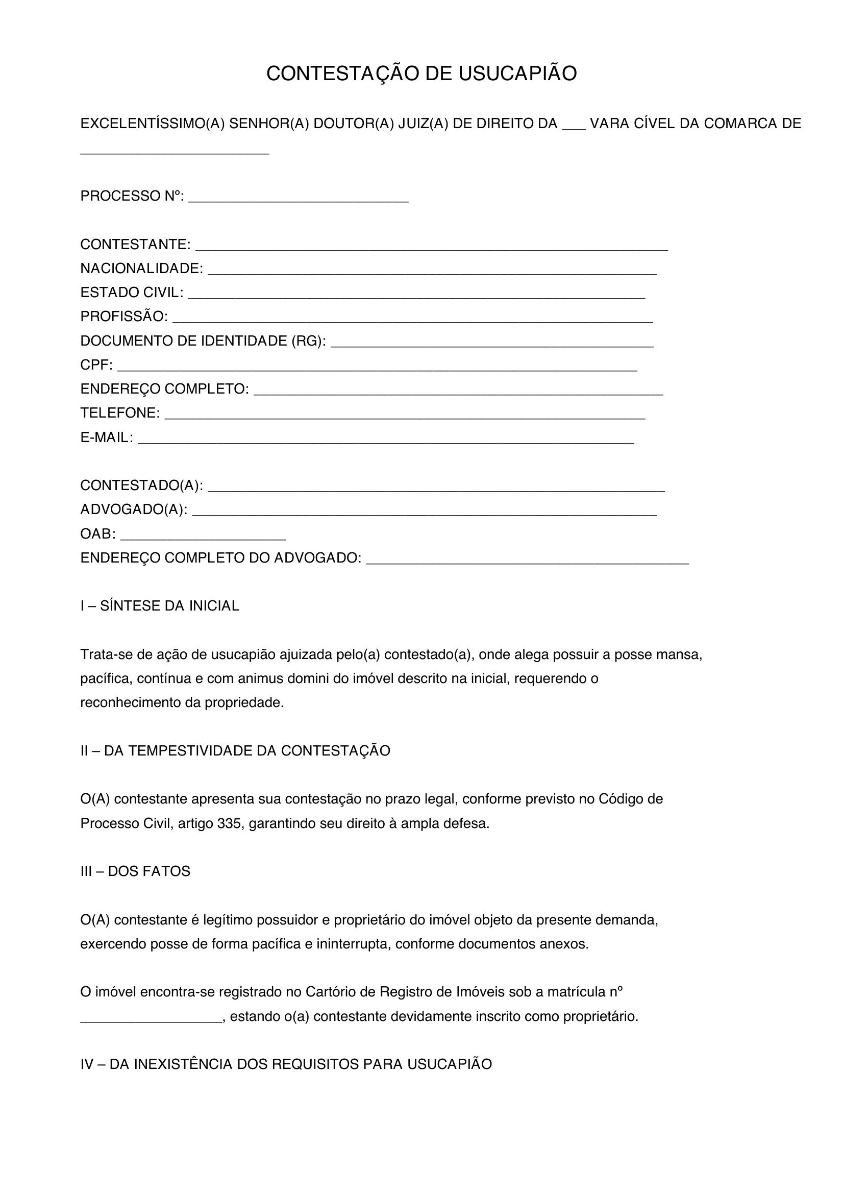 Modelo De Contestação De Usucapião
