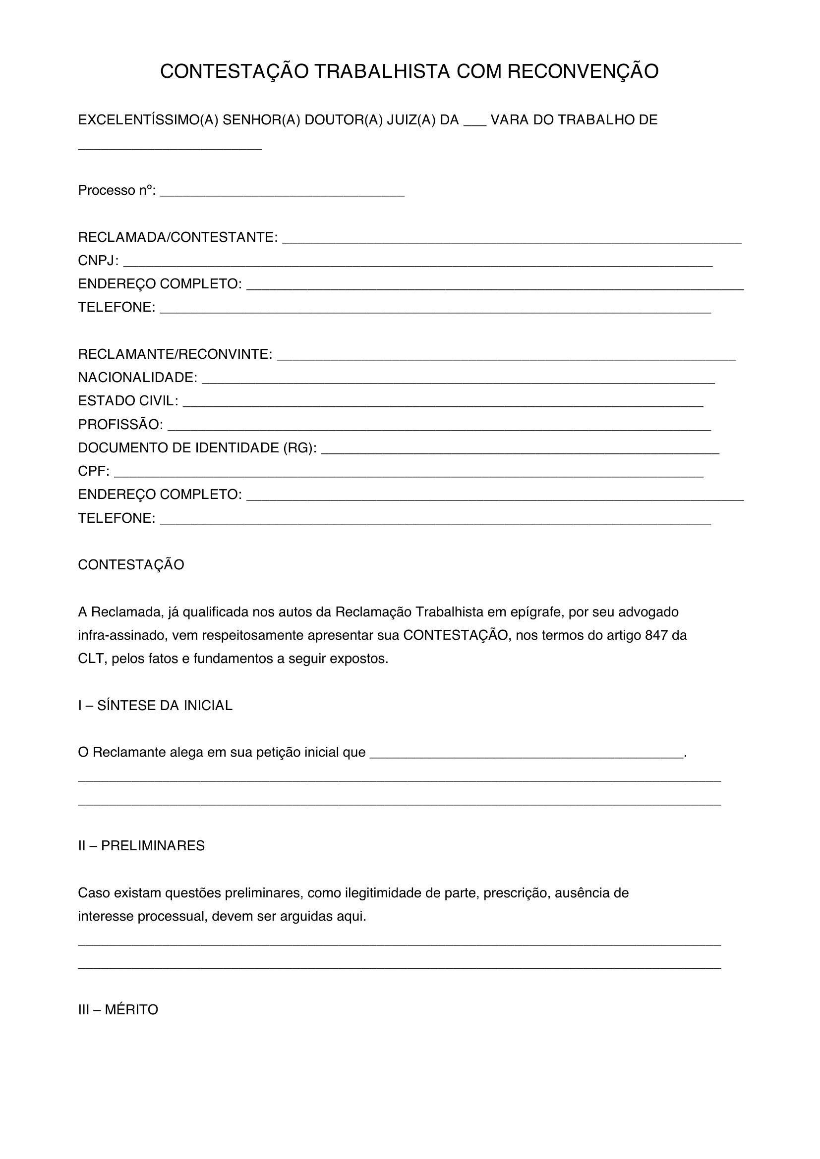 Modelo De Contestação Trabalhista Com Reconvenção