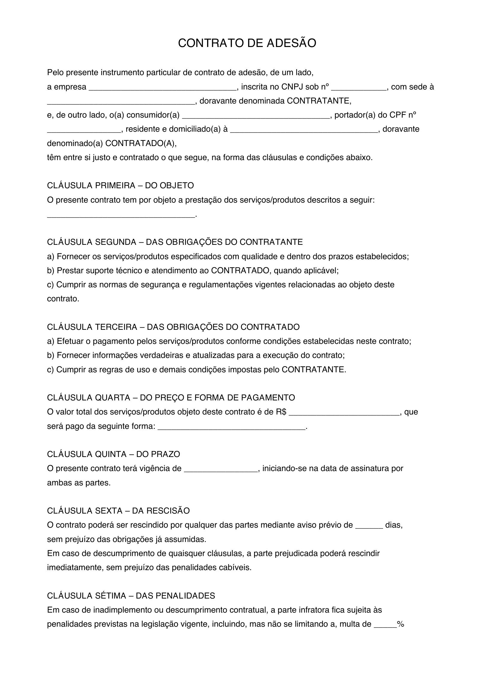 Modelo De Contrato De Adesão