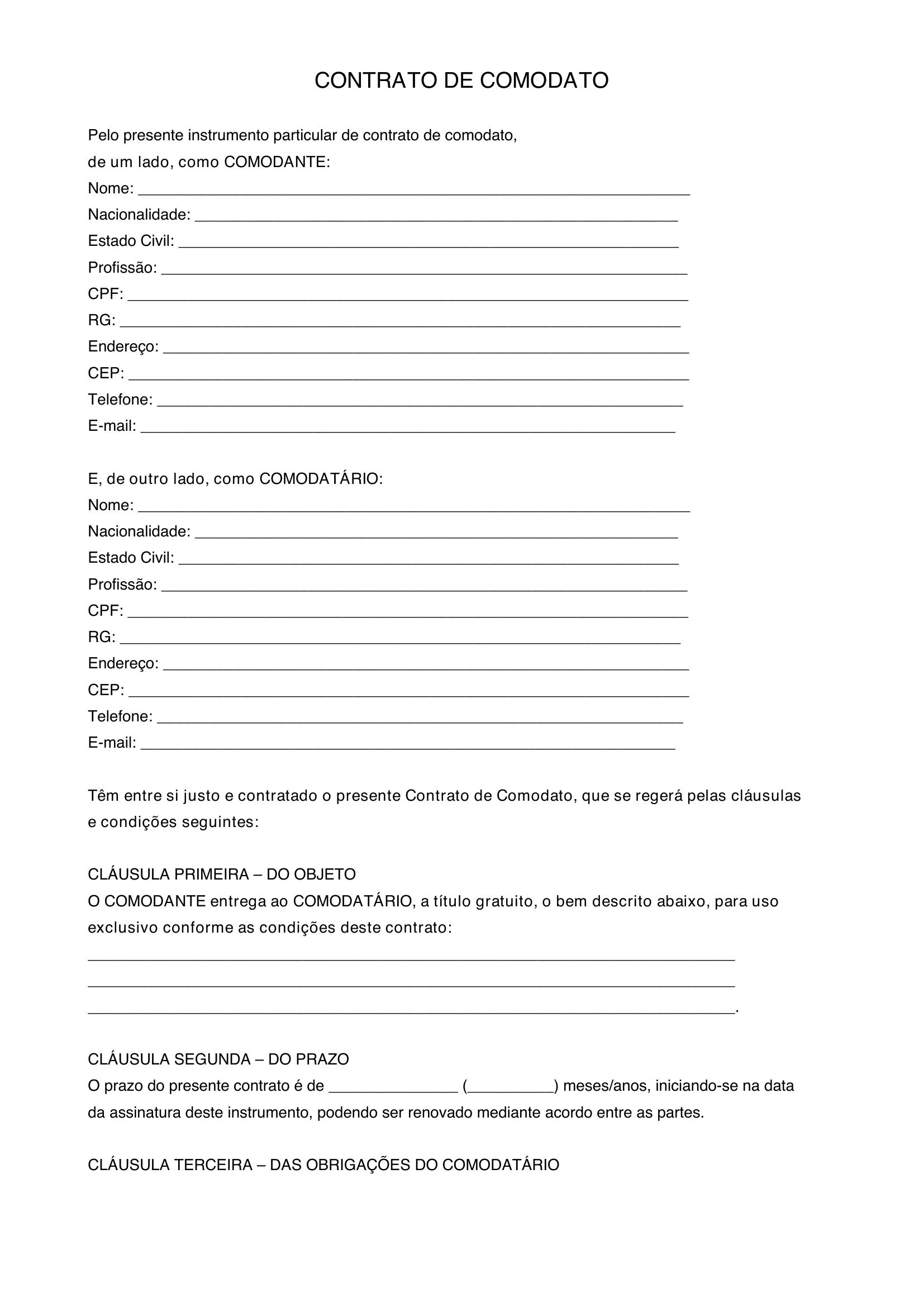 Modelo De Contrato De Comodato