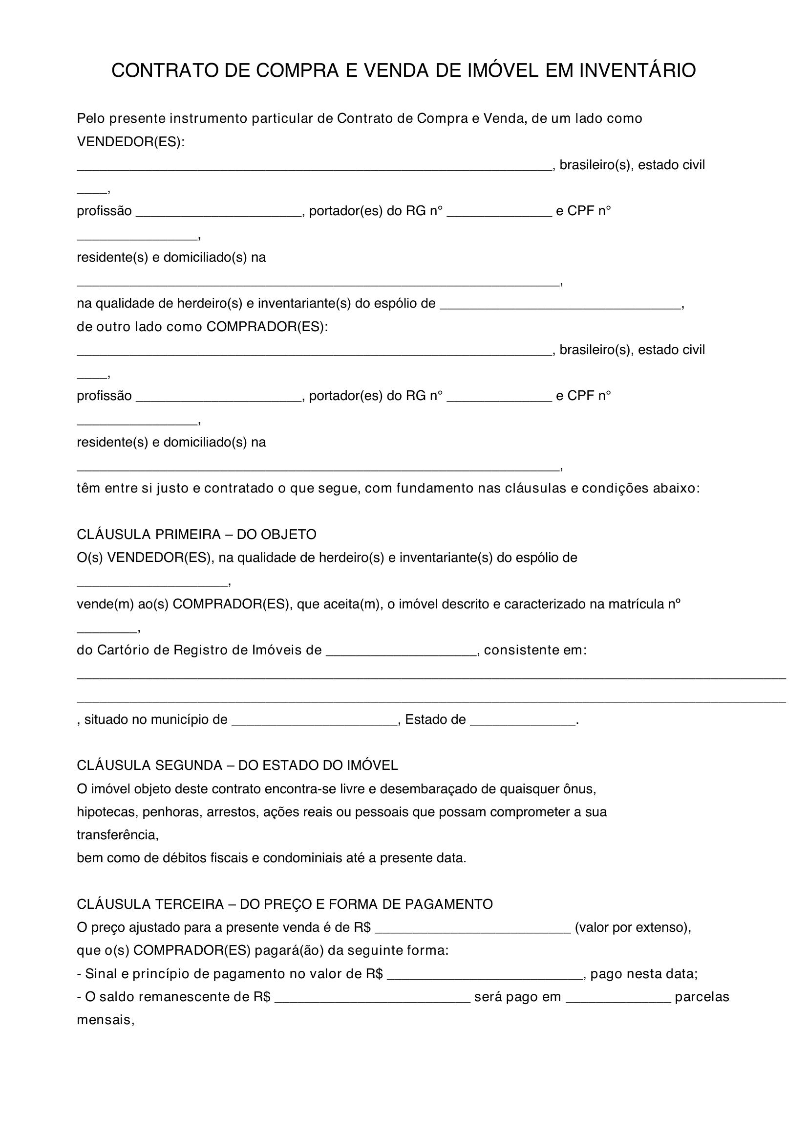 Modelo De Contrato De Compra E Venda De Imóvel Em Inventário