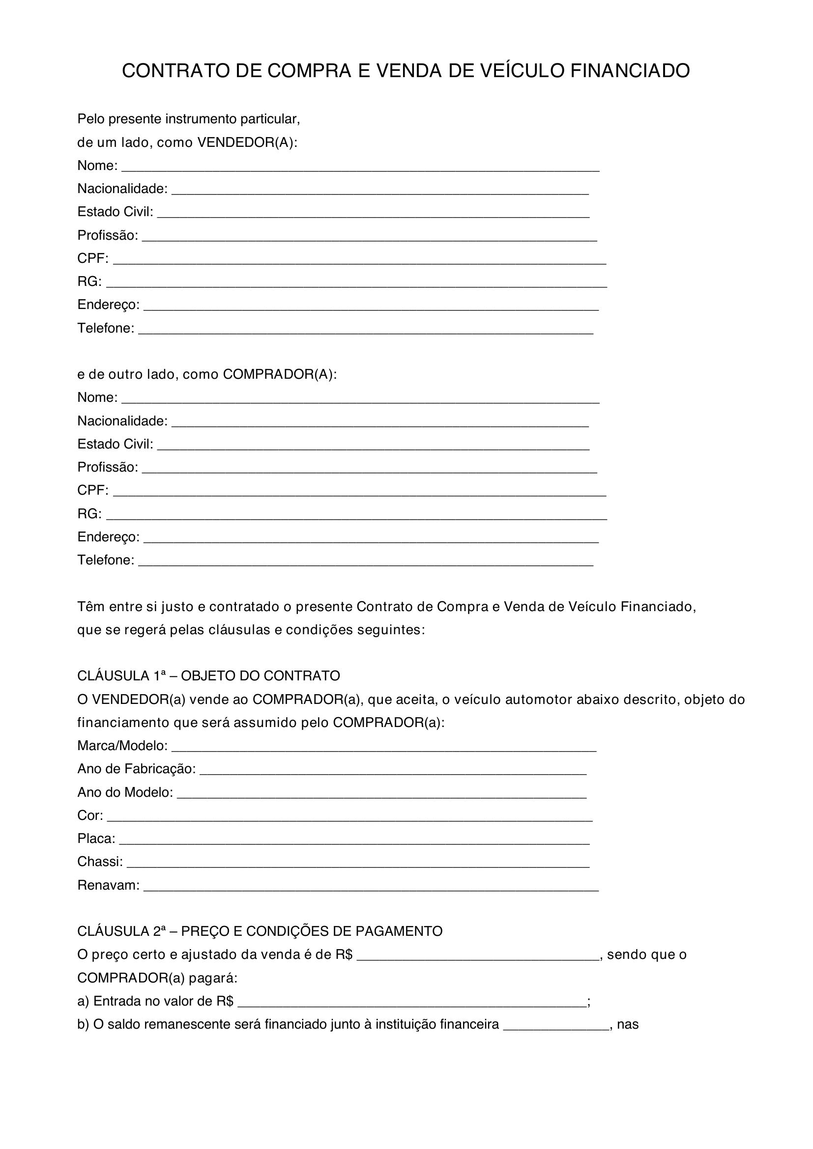 Modelo De Contrato De Compra E Venda De Veiculo Financiado