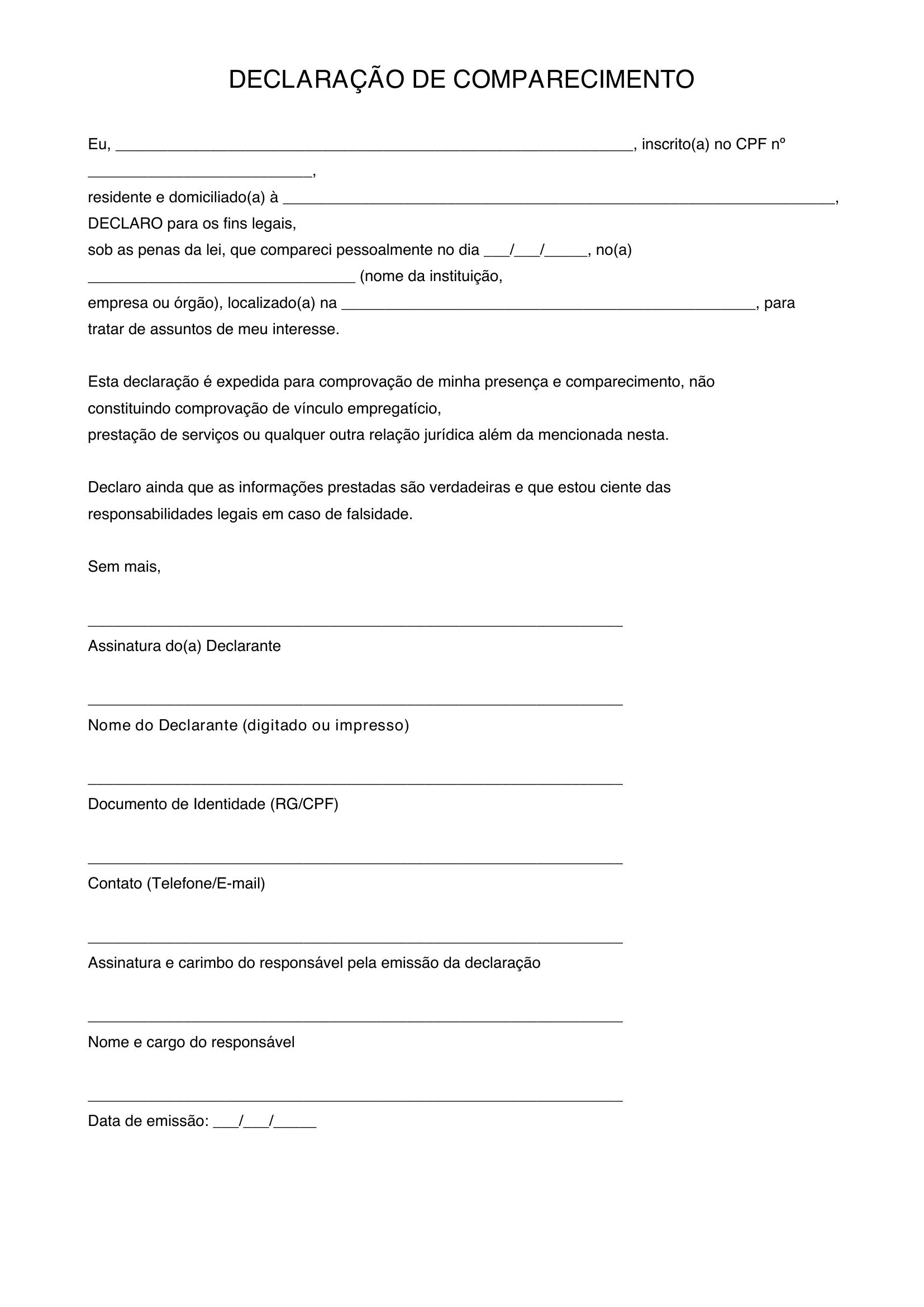 Modelo De Declaração De Comparecimento