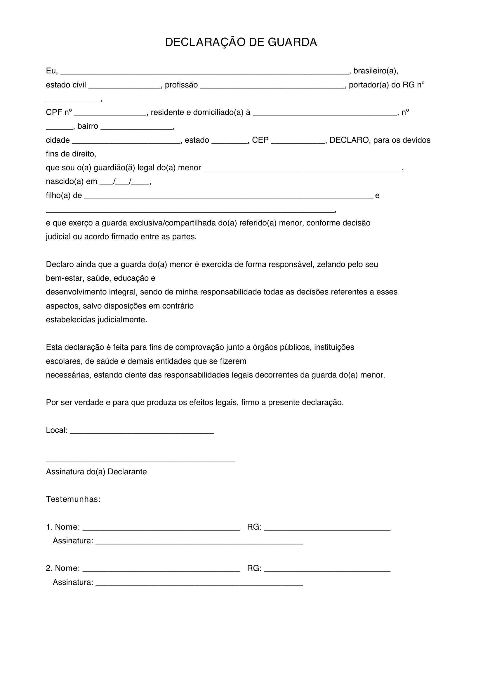 Modelo De Declaração De Guarda