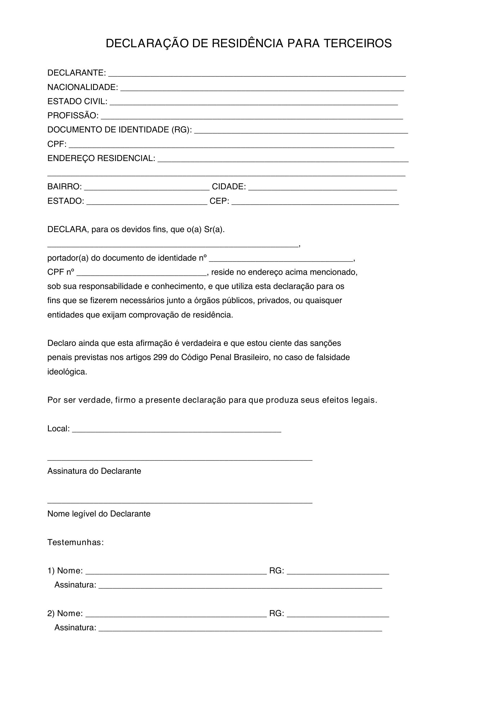 Modelo De Declaração De Residência Para Terceiros