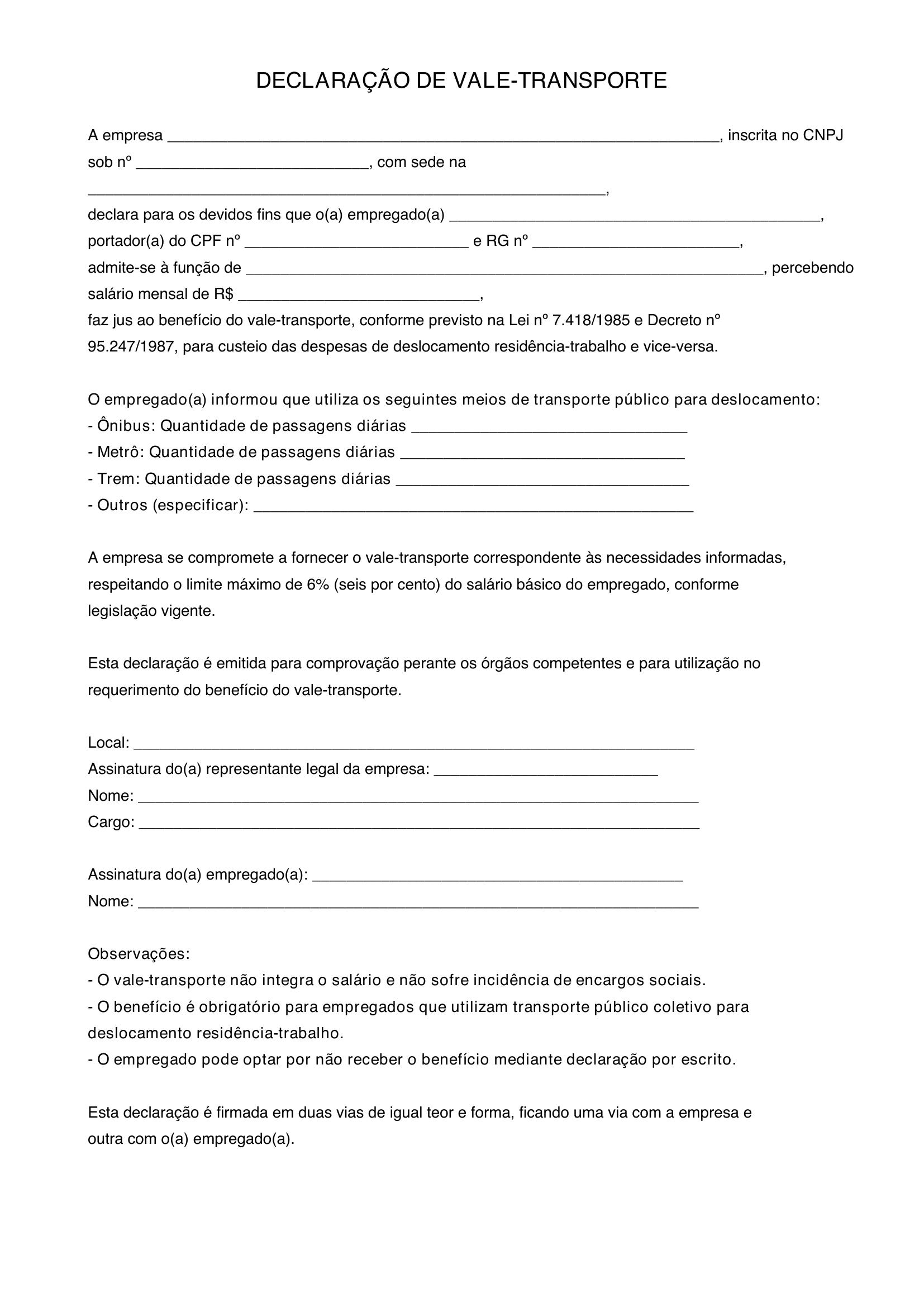 Modelo De Declaração De Vale Transporte