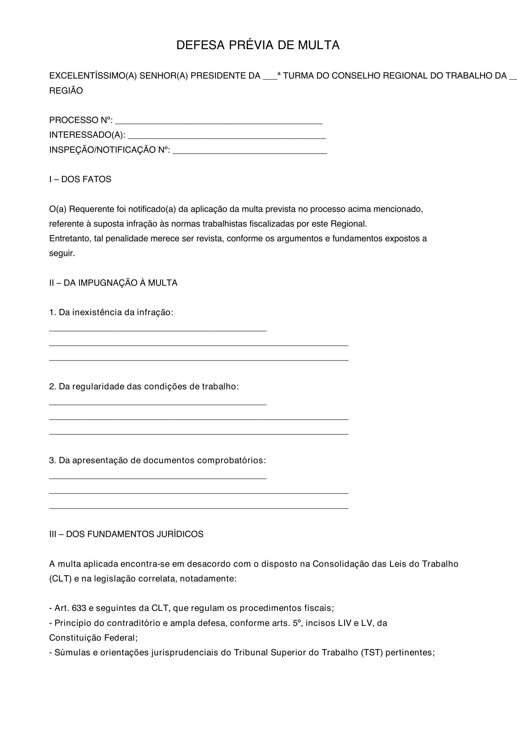 Modelo De Defesa Previa De Multa