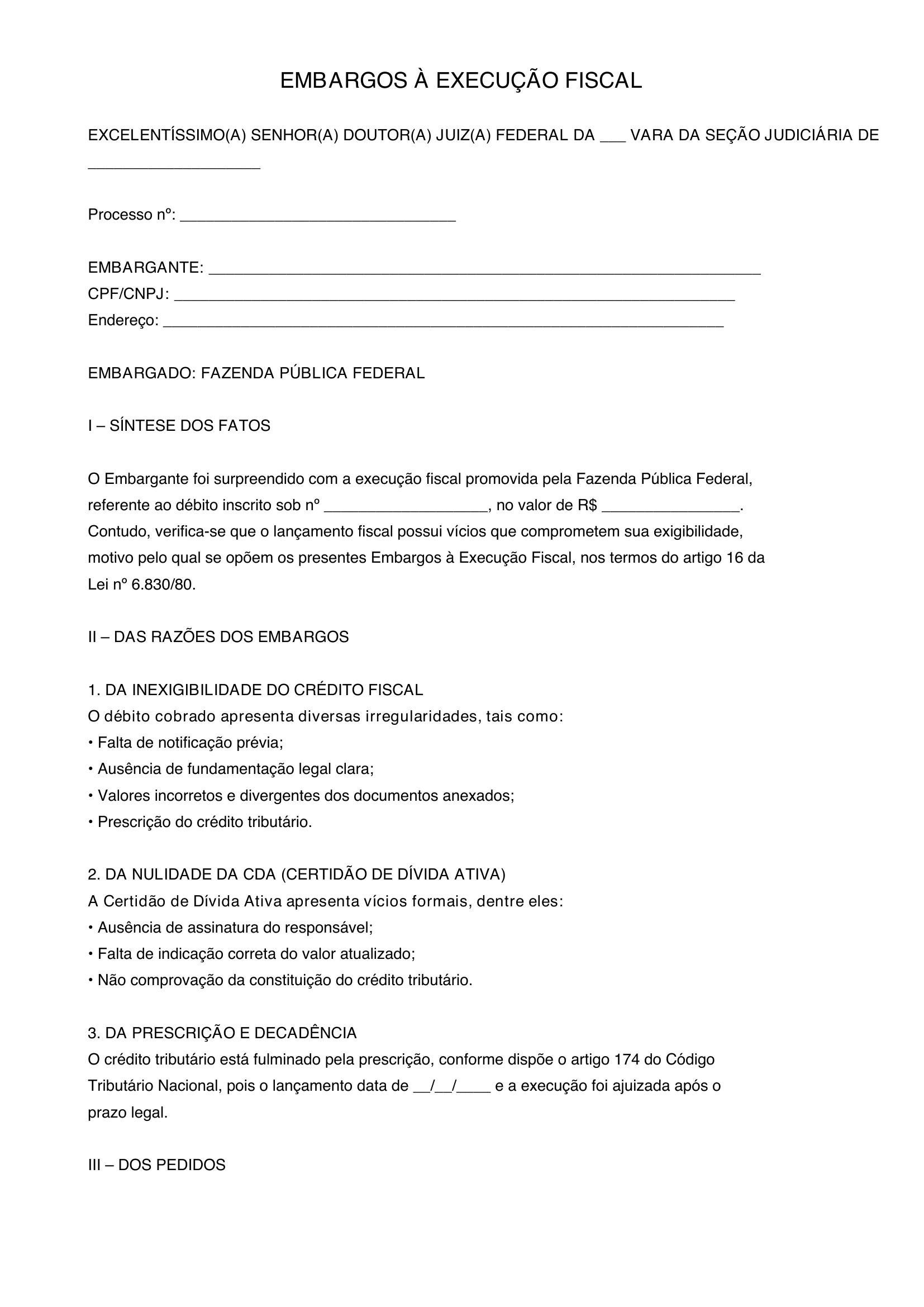 Modelo De Embargos A Execução Fiscal