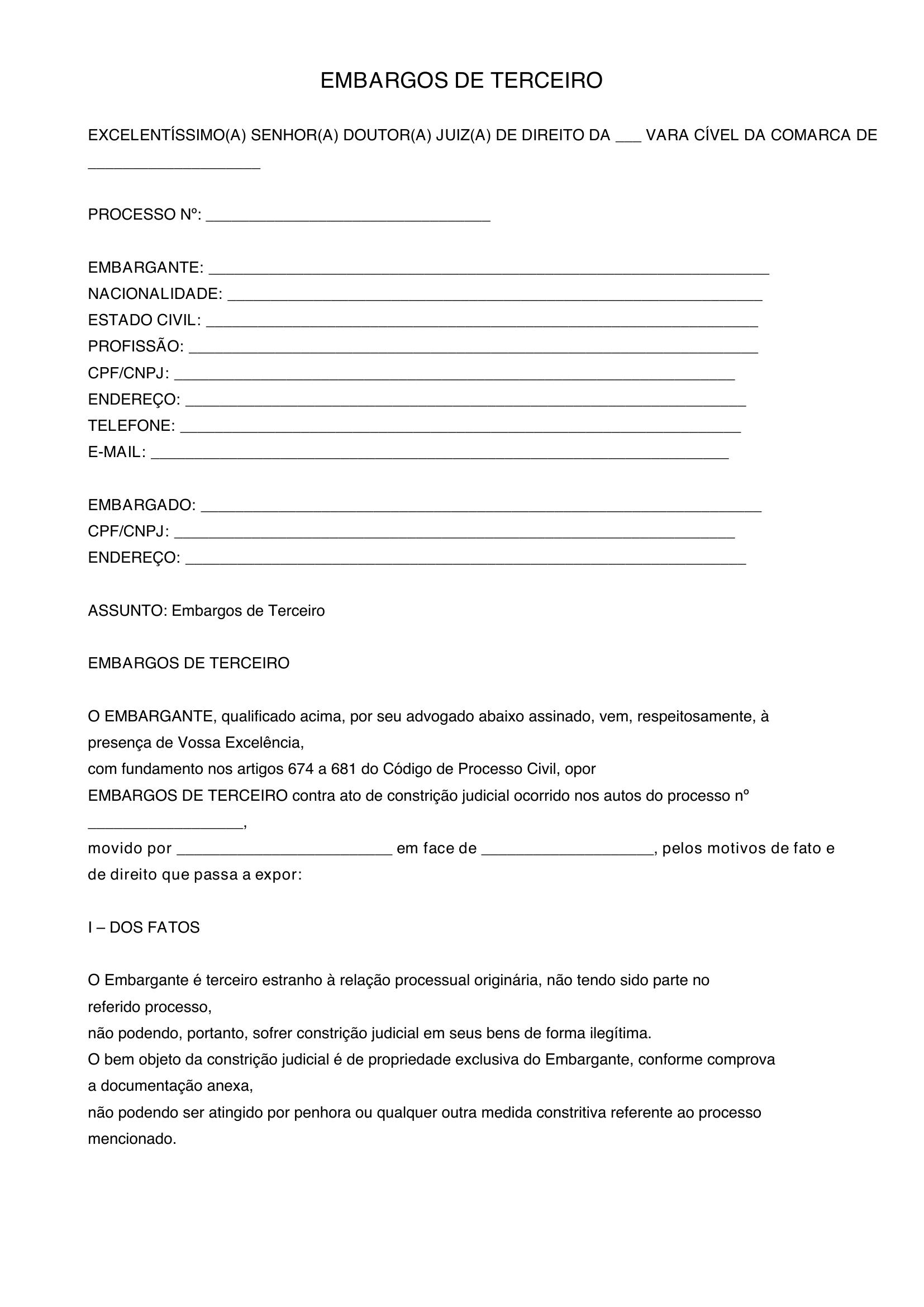 Modelo De Embargos De Terceiro