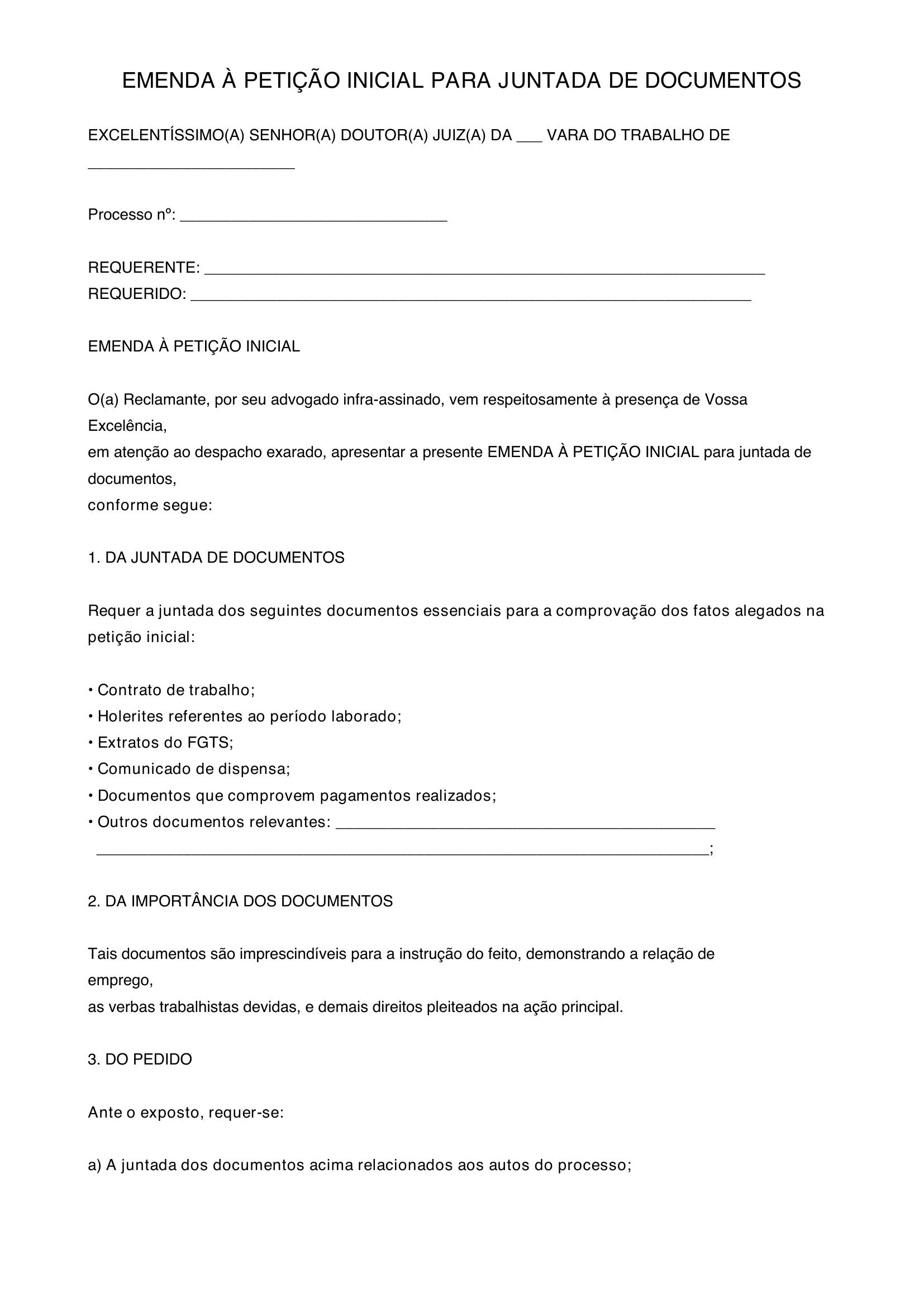 Modelo De Emenda A Inicial Para Juntar Documentos
