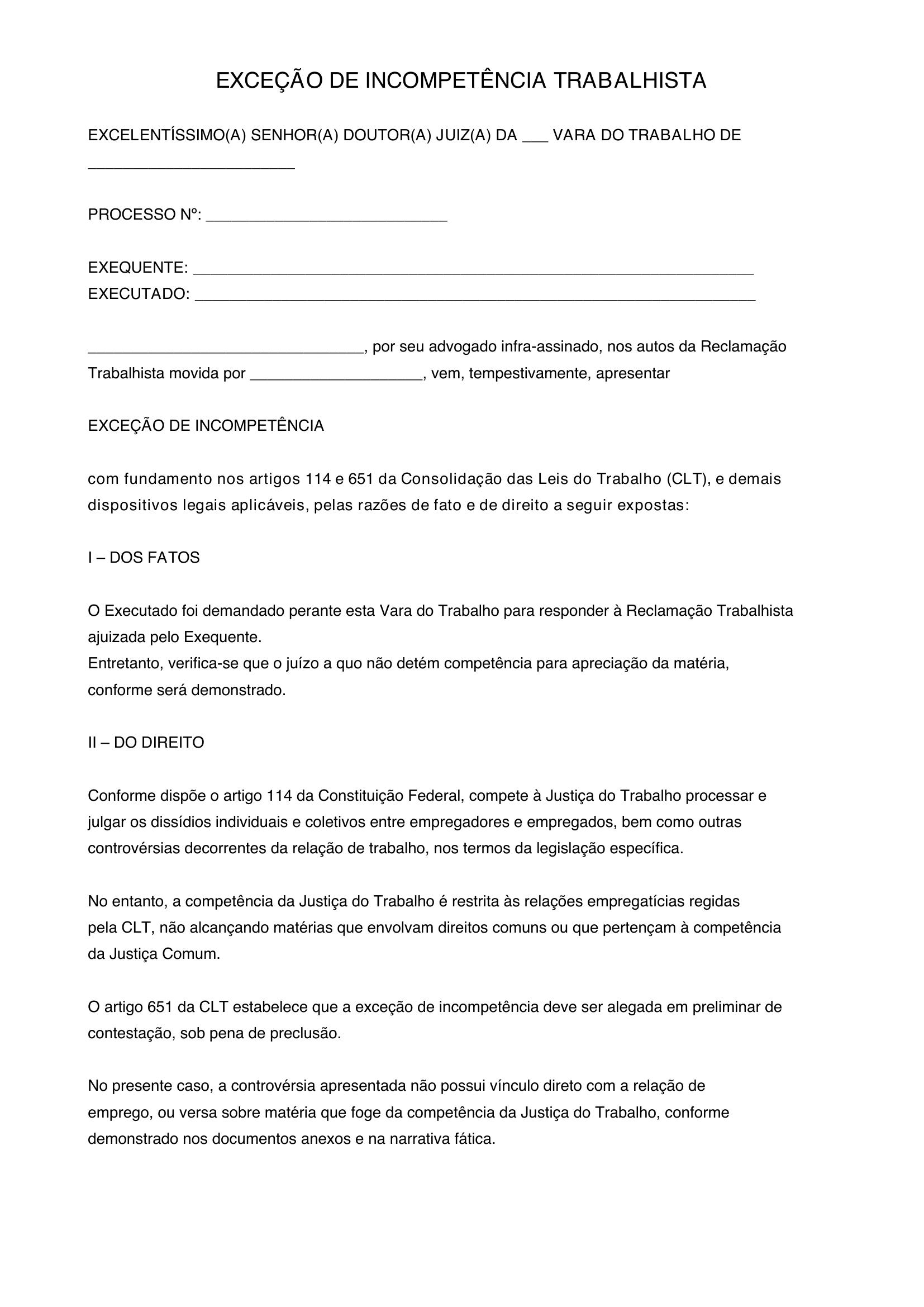 Exceção De Incompetência Trabalhista Modelo