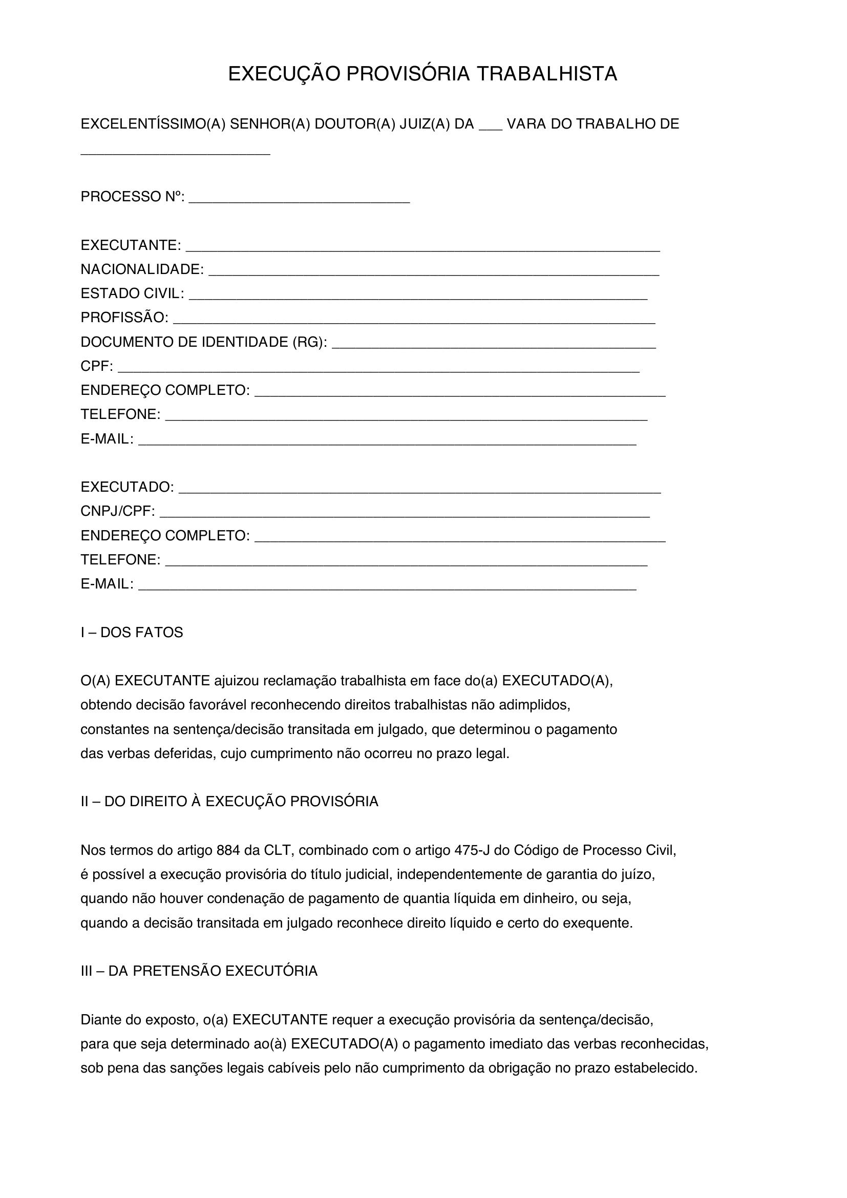 Modelo Execução Provisória Trabalhista
