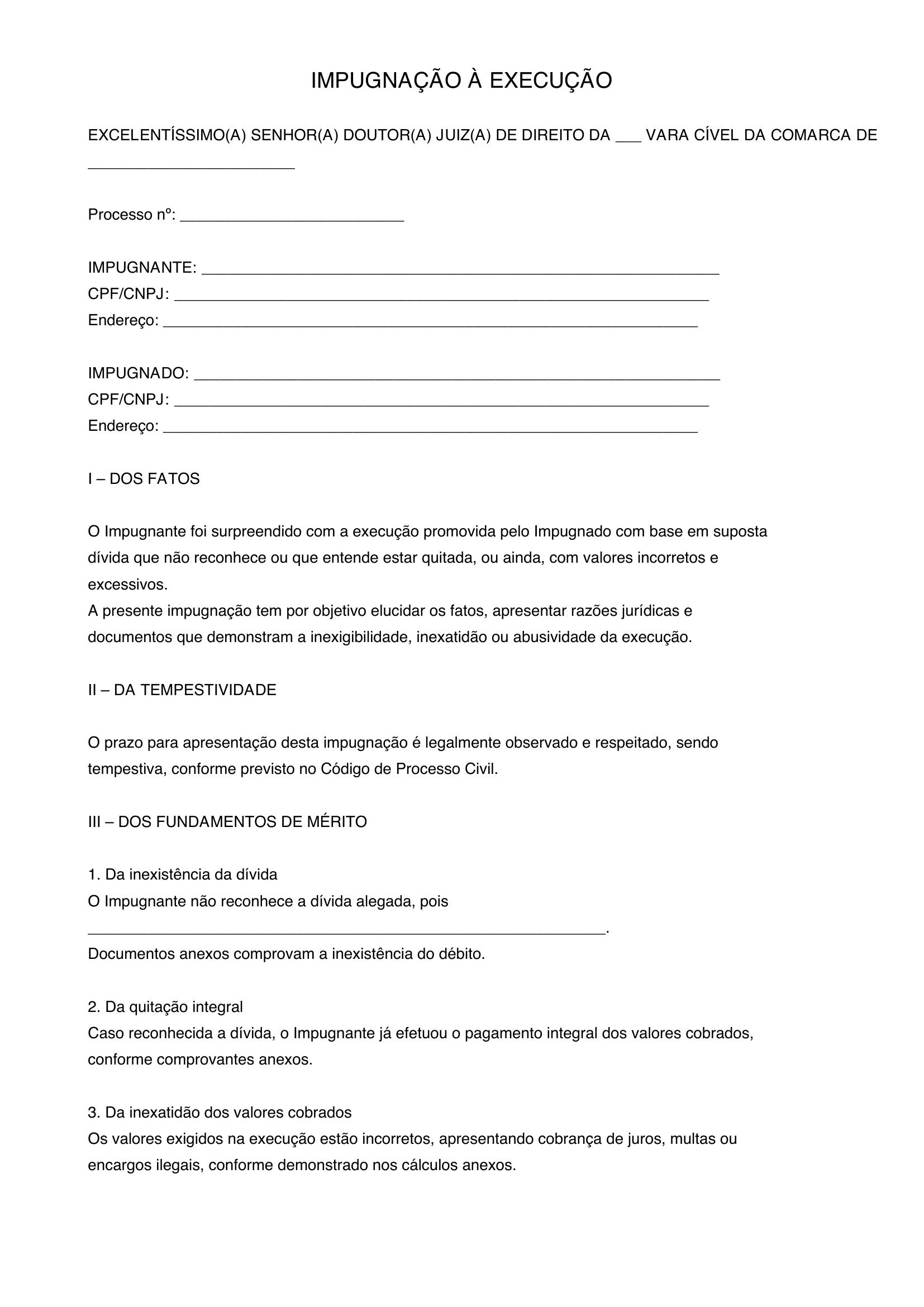 Modelo De Impugnação A Execução