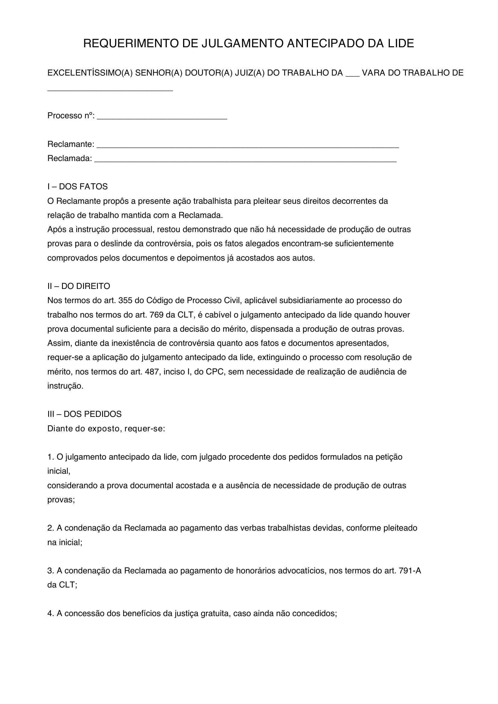 Julgamento Antecipado Da Lide Modelo