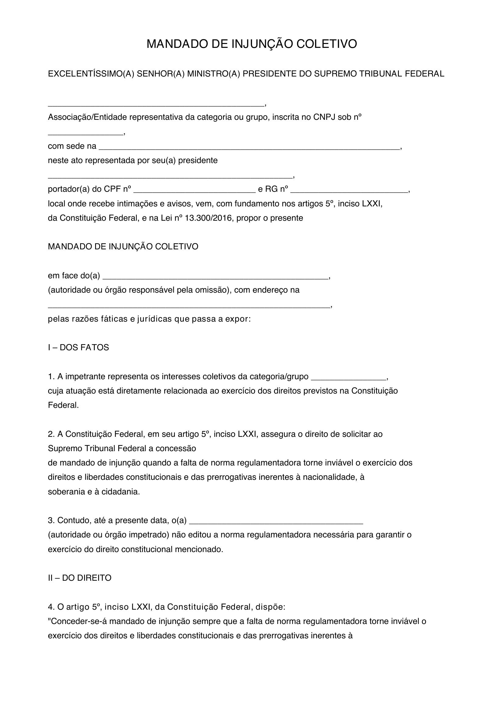 Mandado De Injunção Coletivo Modelo
