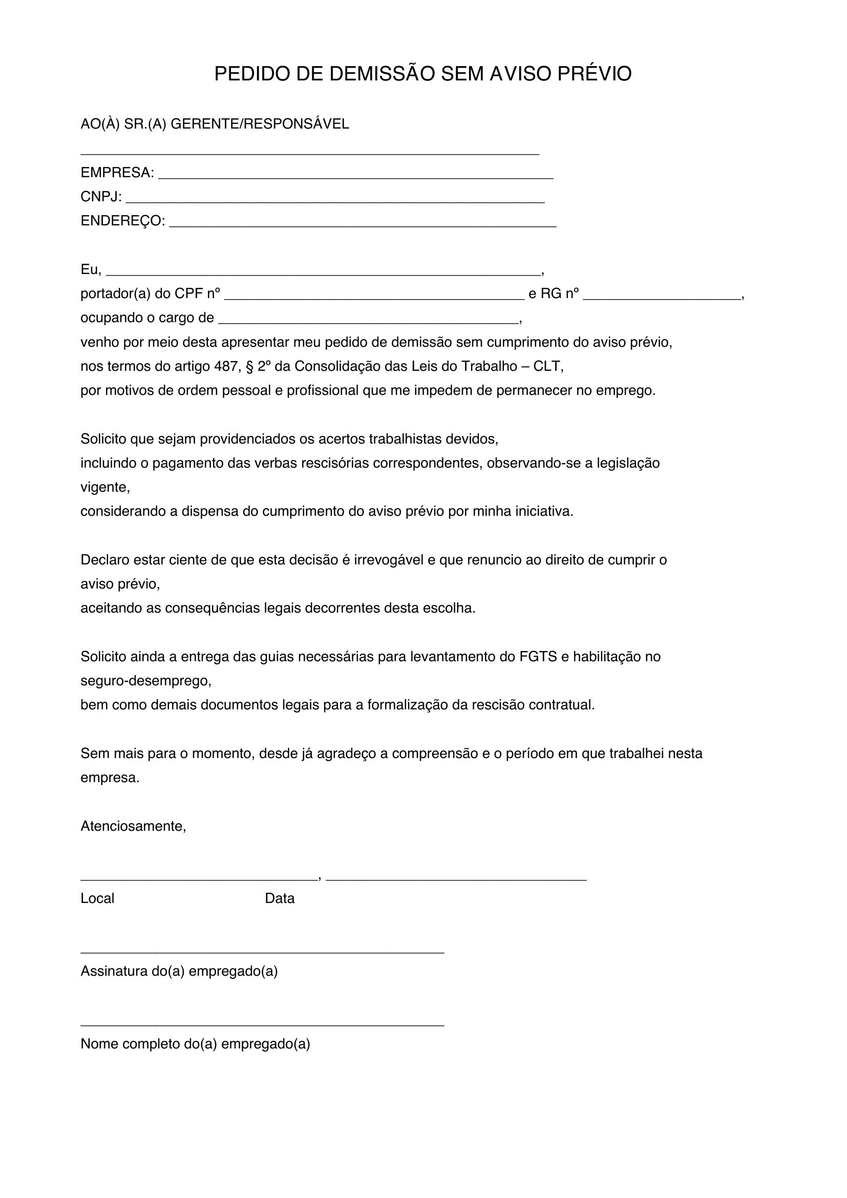 Modelo De Pedido De Demissão Sem Aviso Prévio