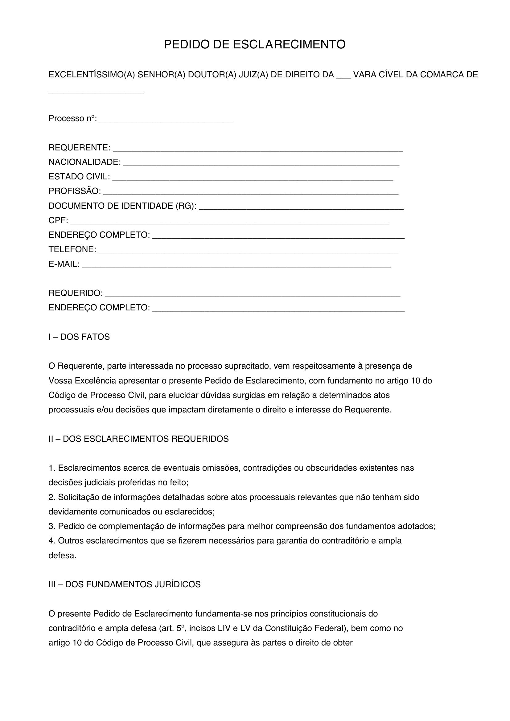 Modelo De Pedido De Esclarecimento