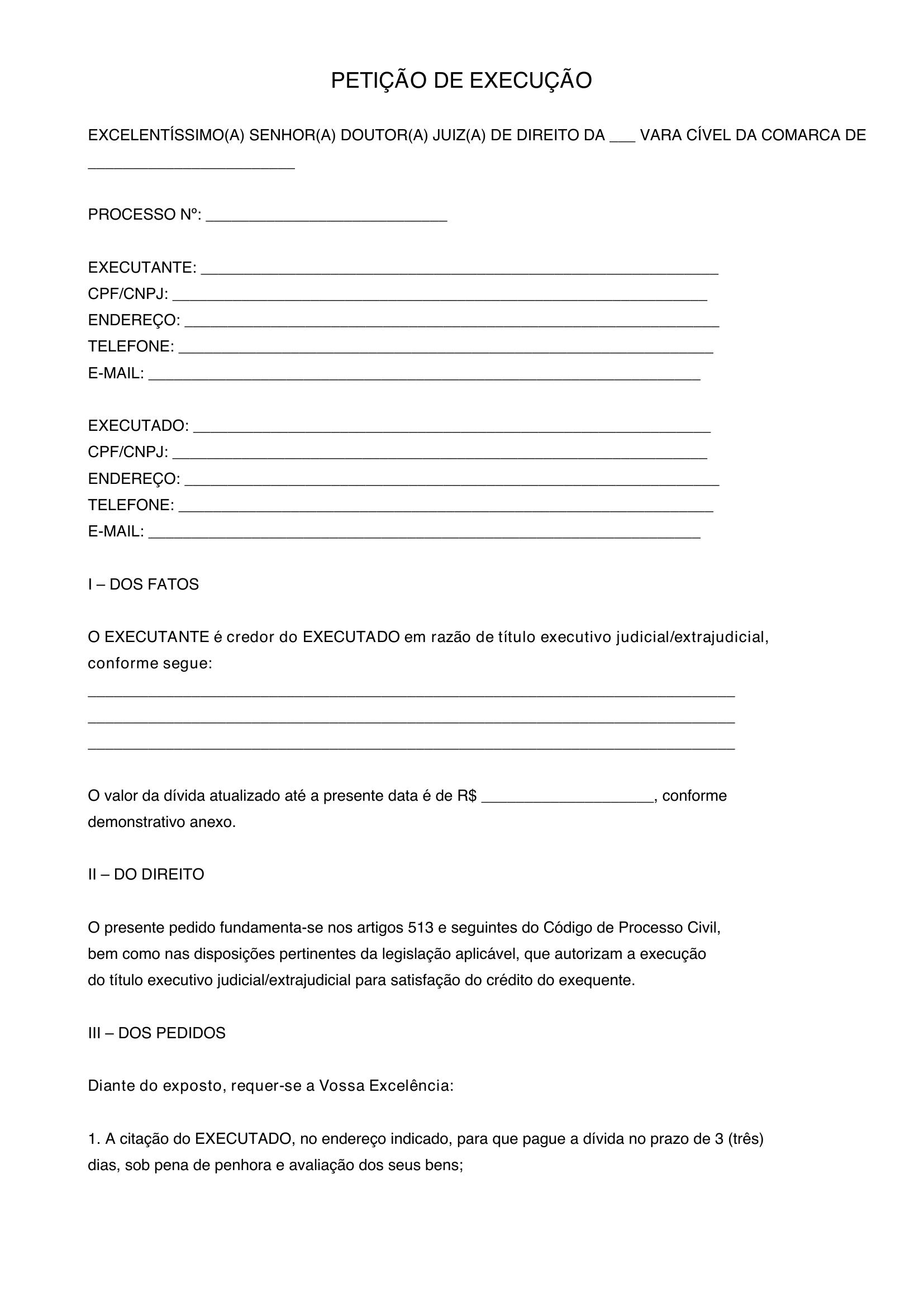 Modelo De Petição De Execução