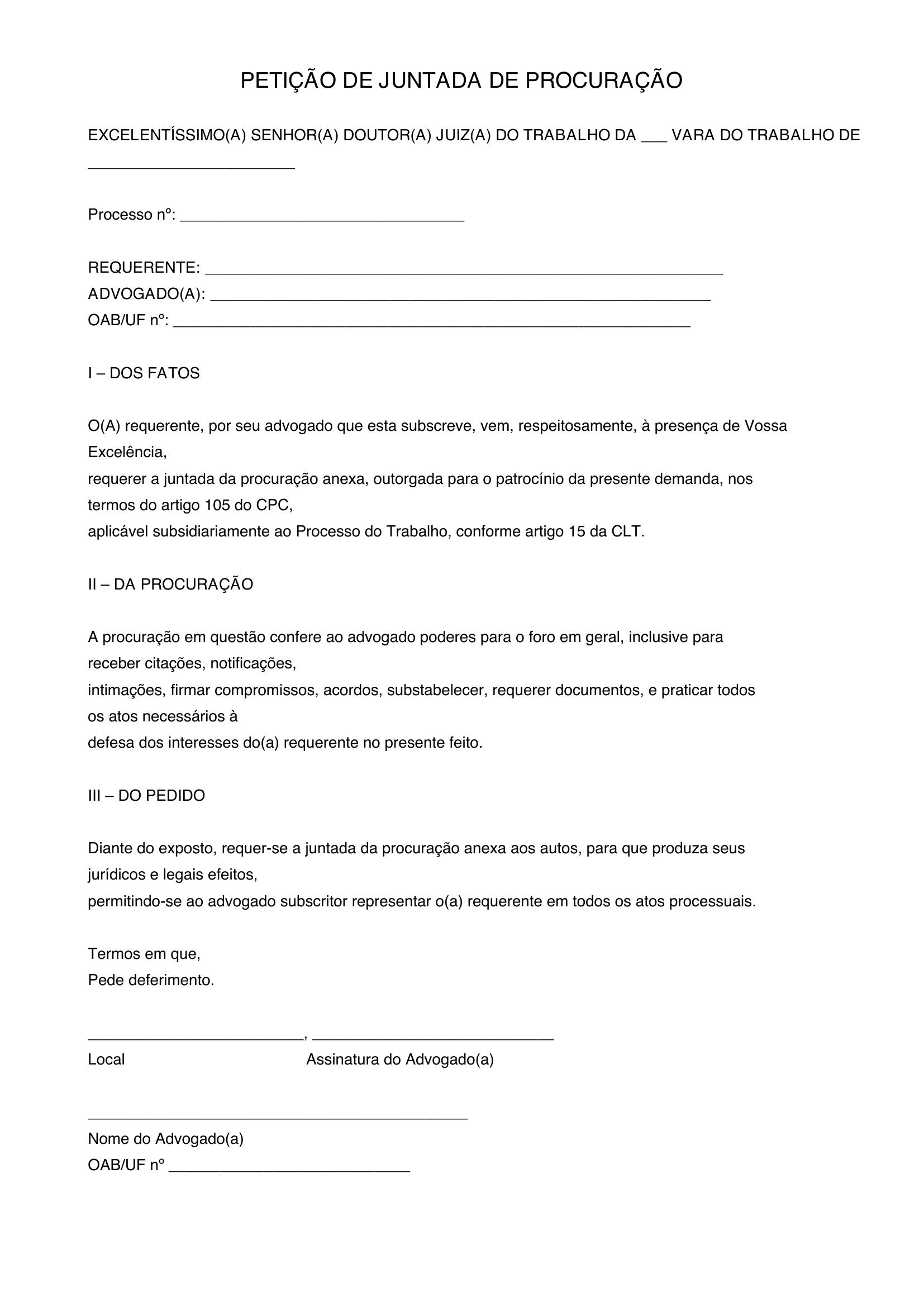Modelo De Petição De Juntada De Procuração