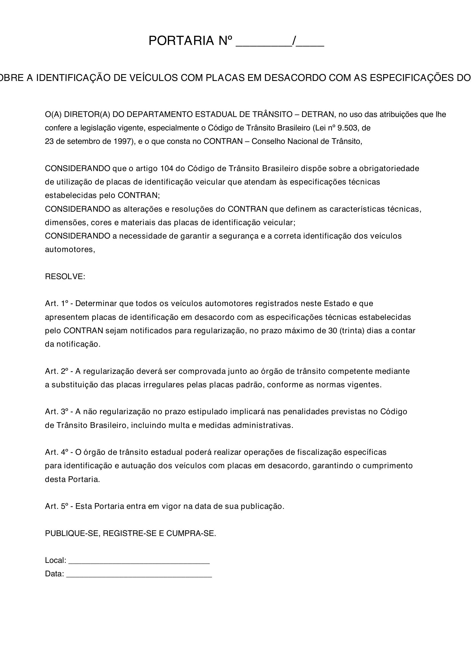 Portar No Veiculo Placas De Identificacao Em Desacordo Com As Especif Modelo Contran