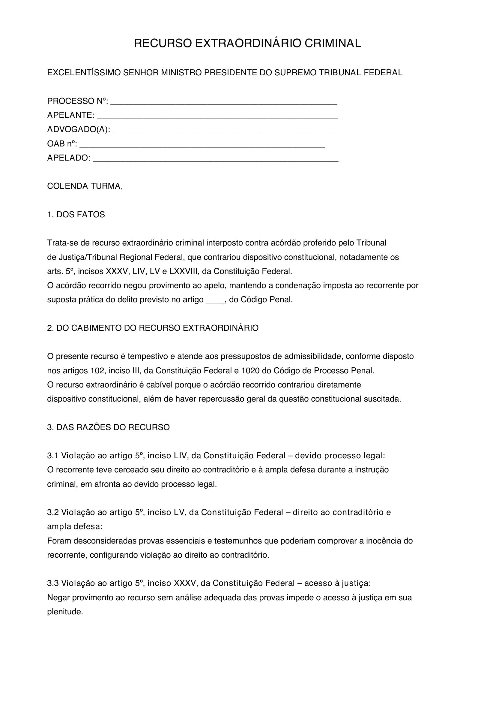 Modelo De Recurso Extraordinário Criminal
