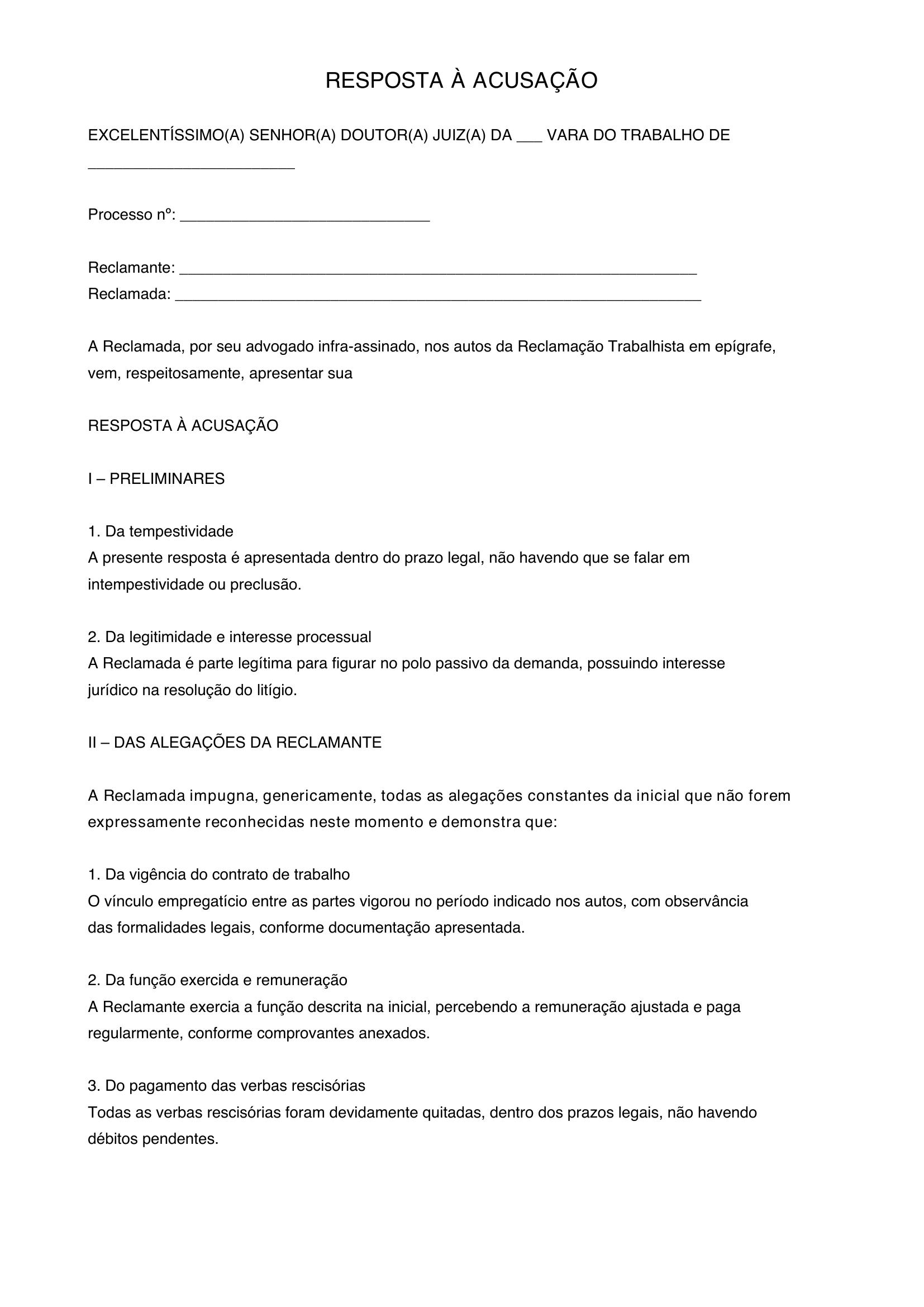 Modelo De Resposta À Acusação Genérica