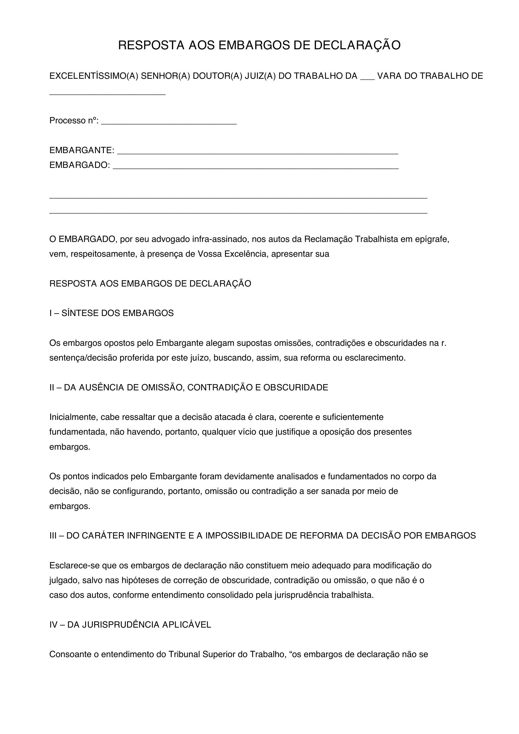 Modelo De Resposta Aos Embargos De Declaração