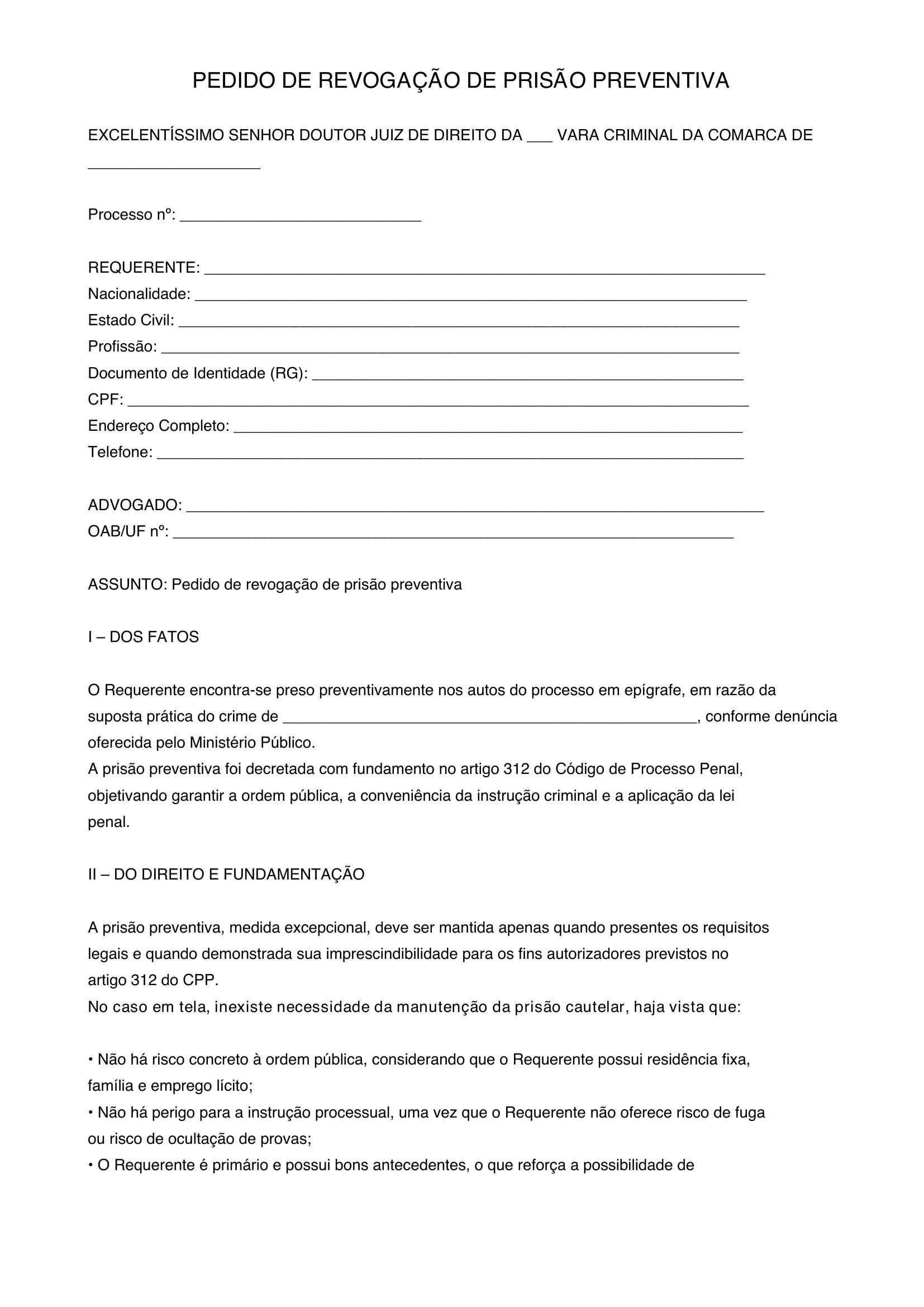 Modelo De Revogação De Prisão